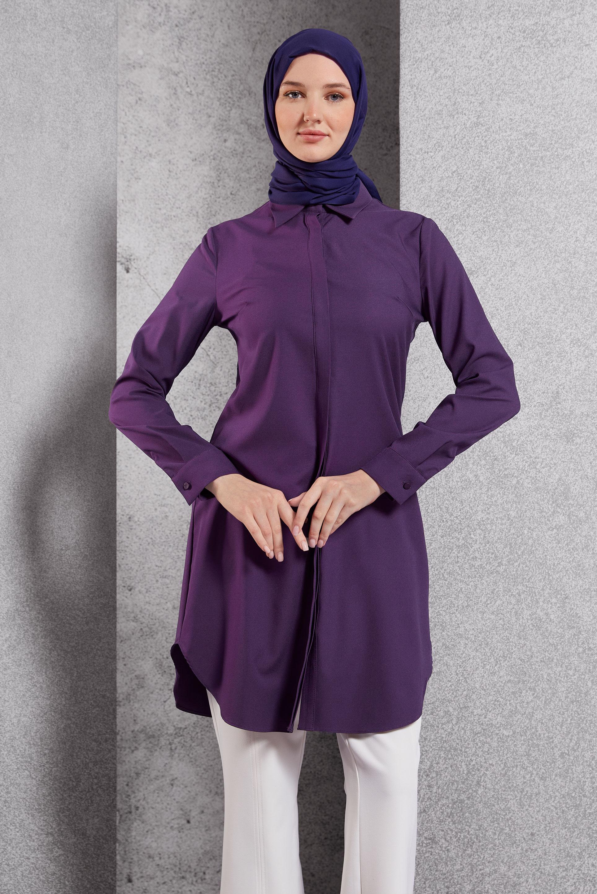 Tesettür giyim MOR GÖMLEK YAKA TESETTÜR TUNİK 45079