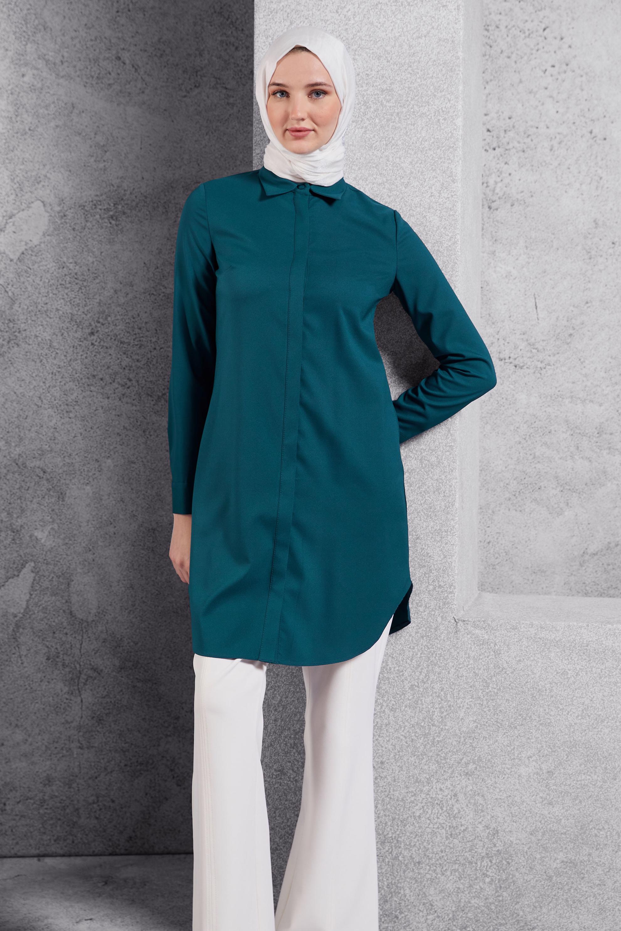 Tesettür giyim YEŞİL GÖMLEK YAKA TESETTÜR TUNİK 45079