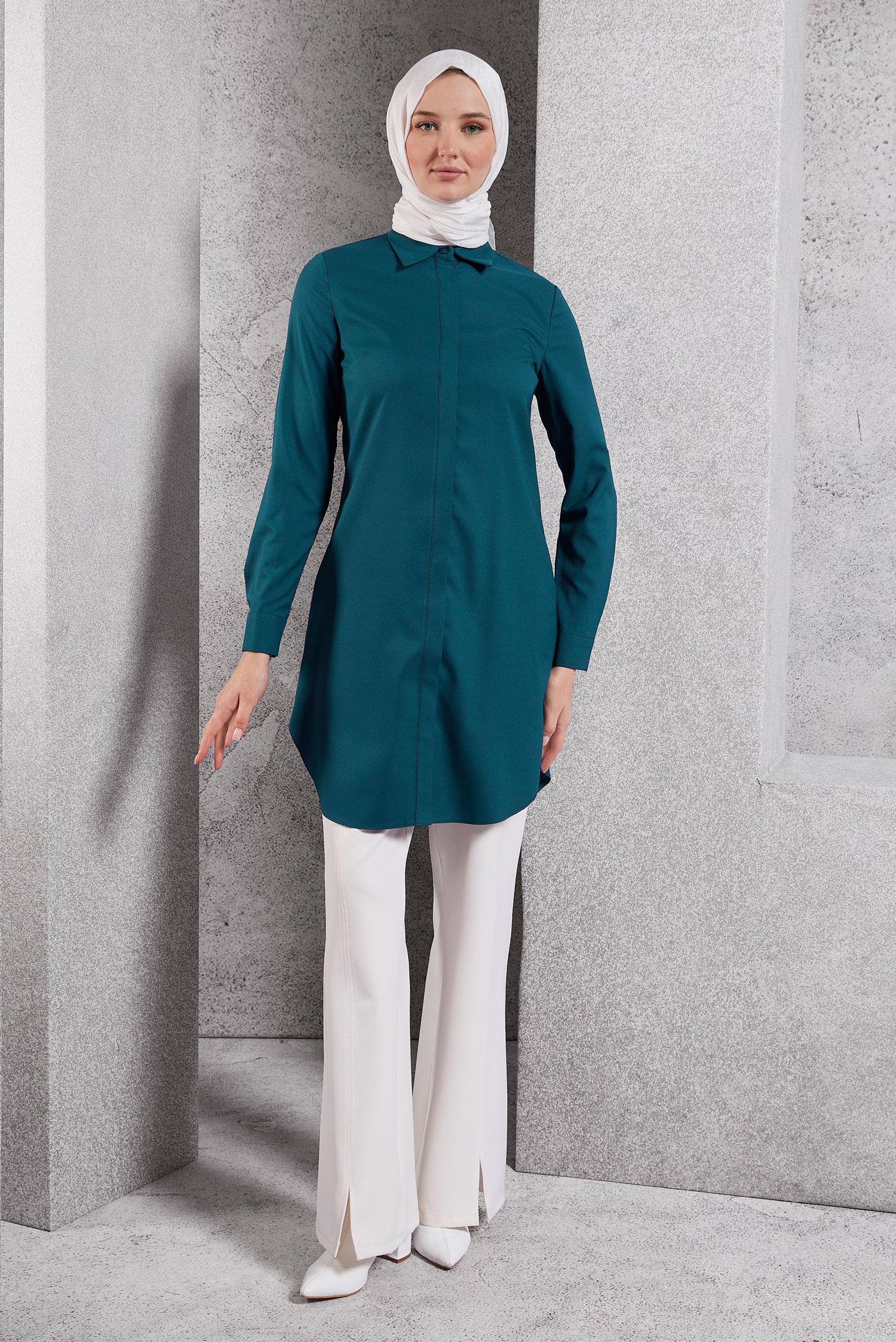 Tesettür giyim YEŞİL GÖMLEK YAKA TESETTÜR TUNİK 45079