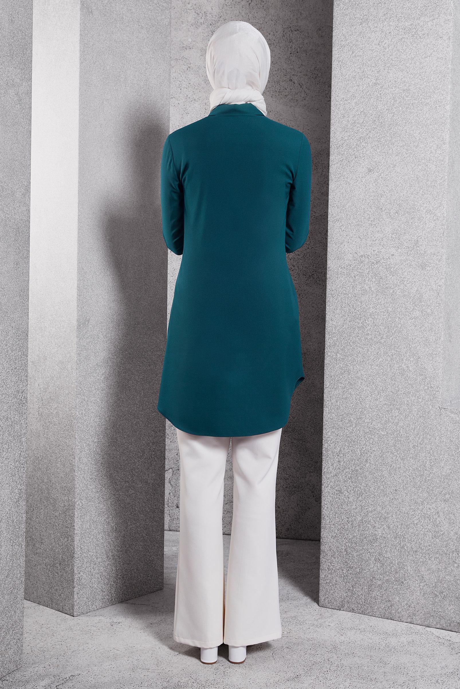 Tesettür giyim YEŞİL GÖMLEK YAKA TESETTÜR TUNİK 45079