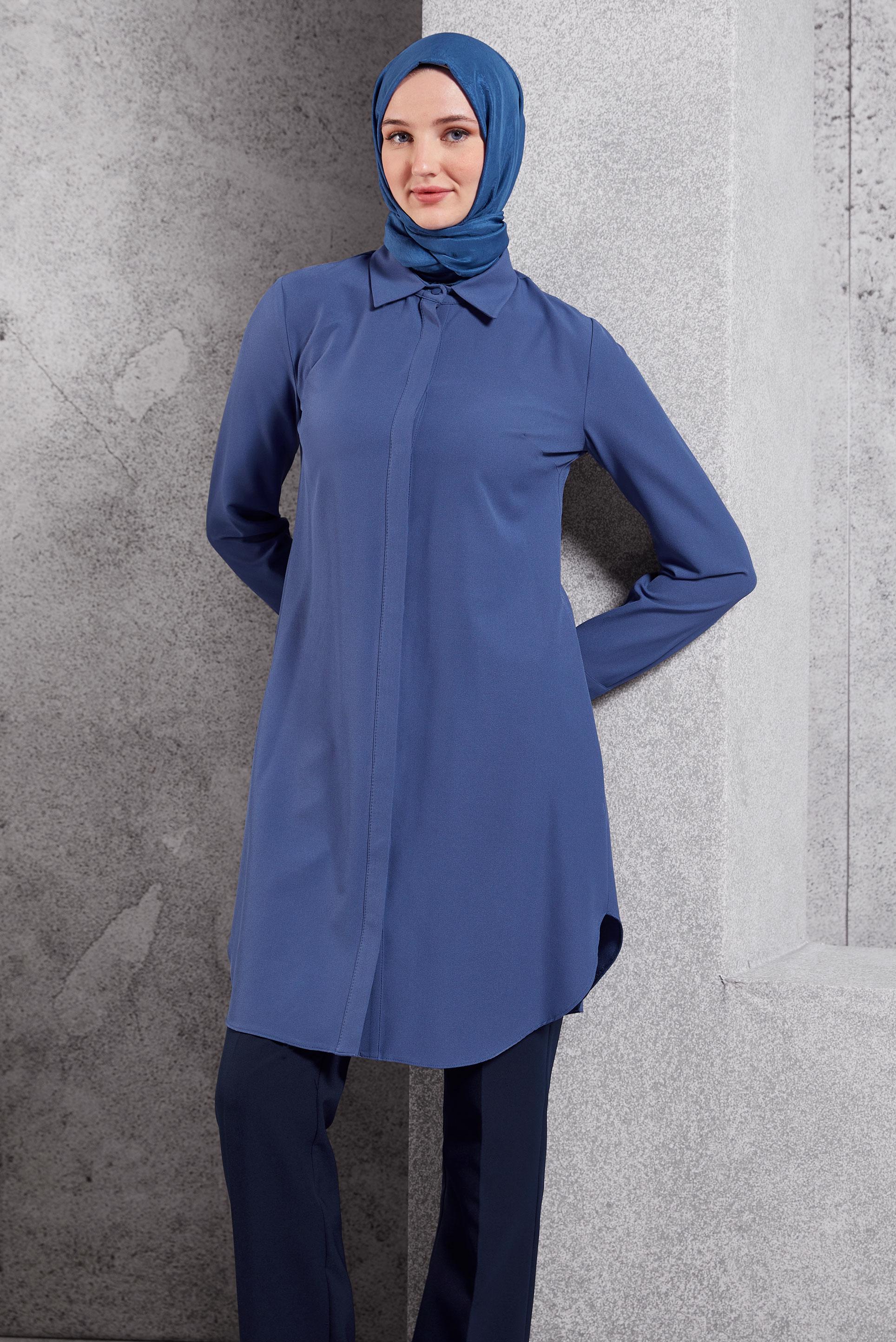 Tesettür giyim MAVİ GÖMLEK YAKA TESETTÜR TUNİK 45079