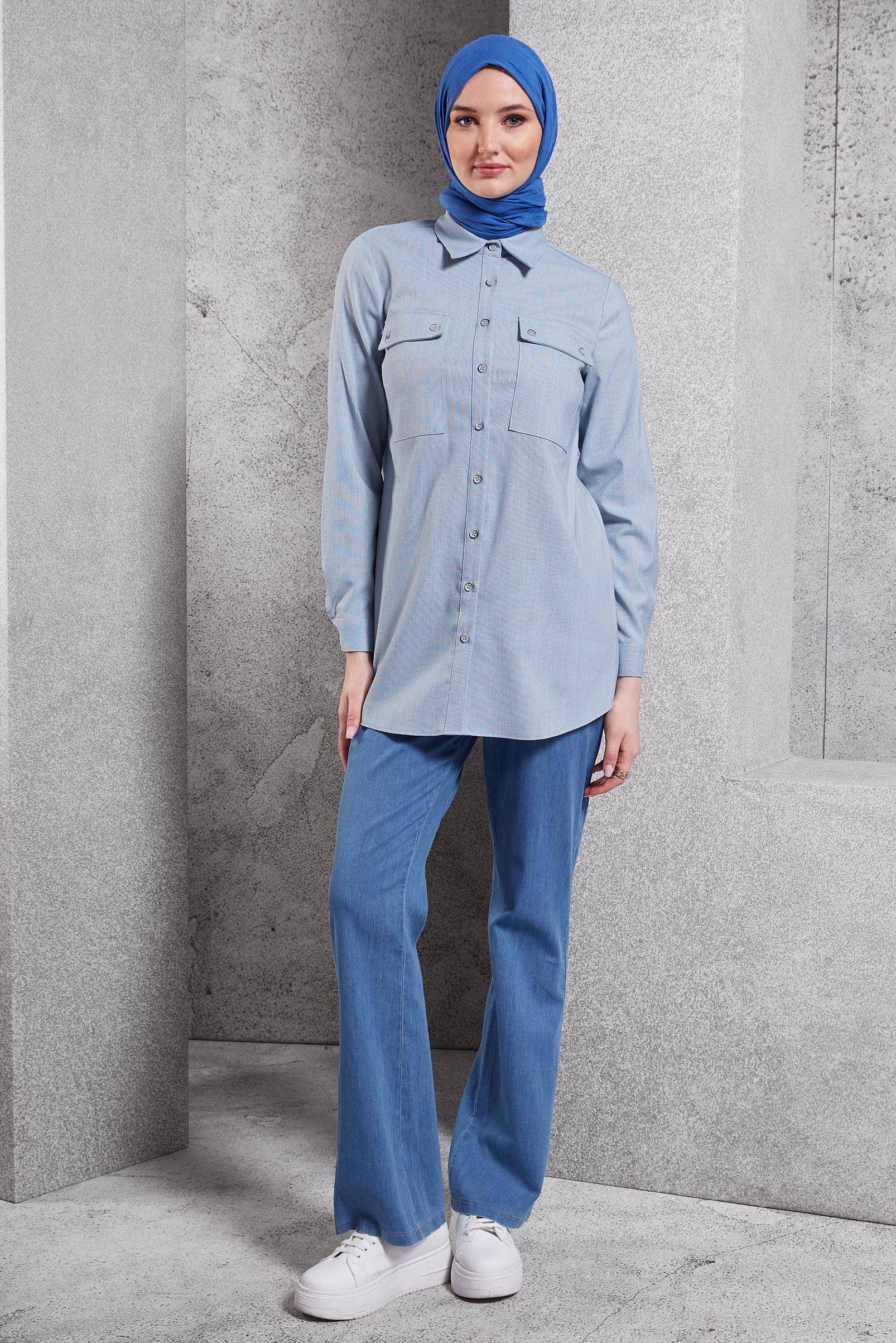 Tesettür giyim MAVİ GÖMLEK YAKA TUNİK 45080