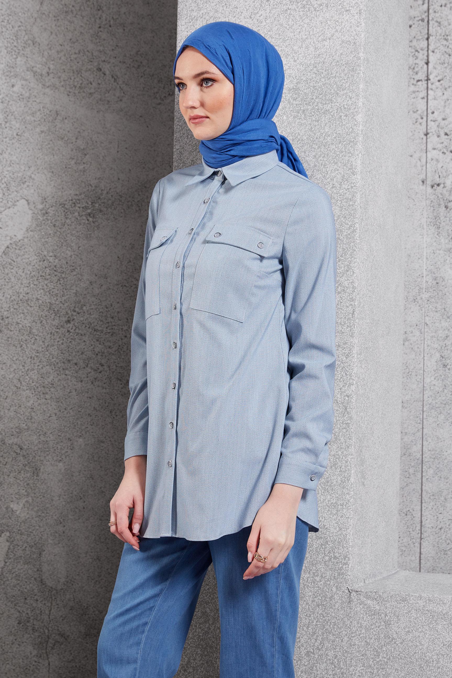 Tesettür giyim MAVİ GÖMLEK YAKA TUNİK 45080