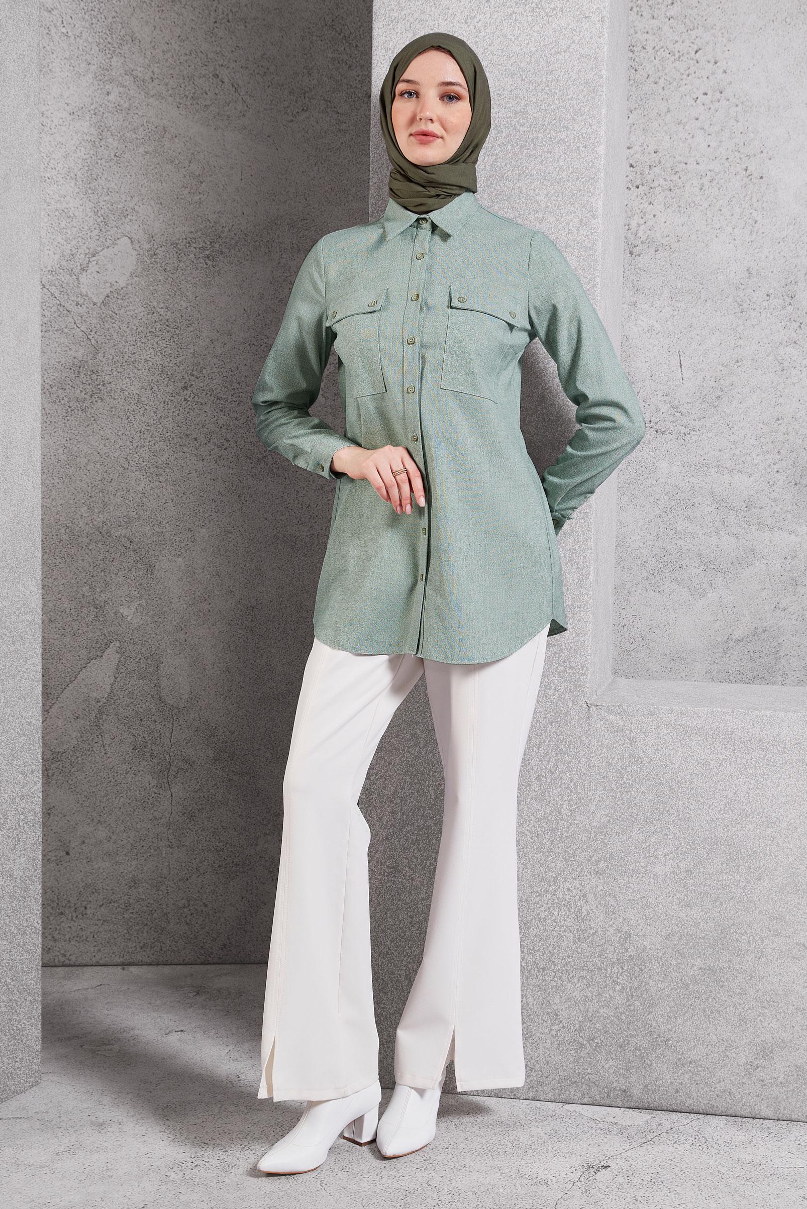 Tesettür giyim YEŞİL GÖMLEK YAKA TUNİK 45080