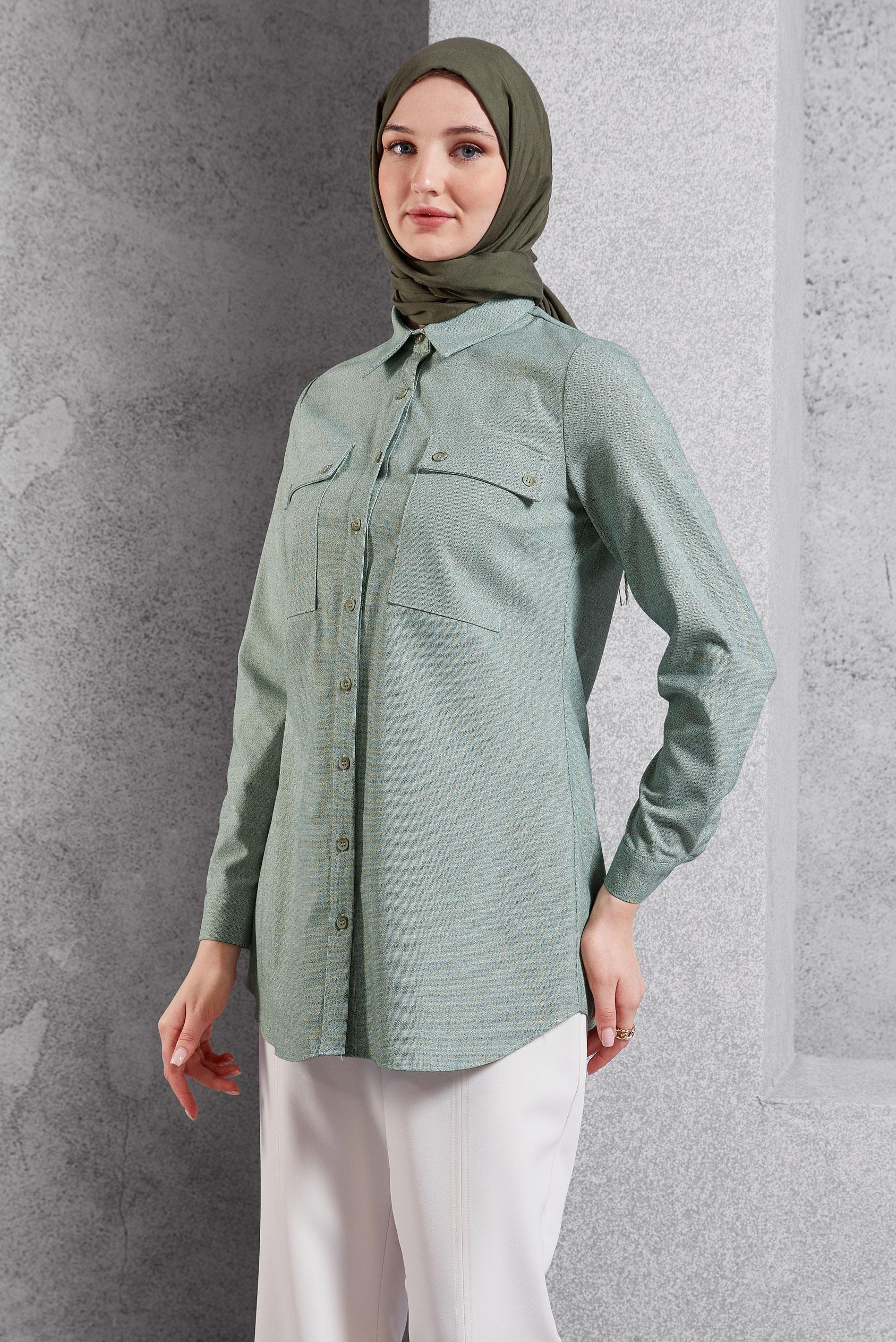 Tesettür giyim YEŞİL GÖMLEK YAKA TUNİK 45080
