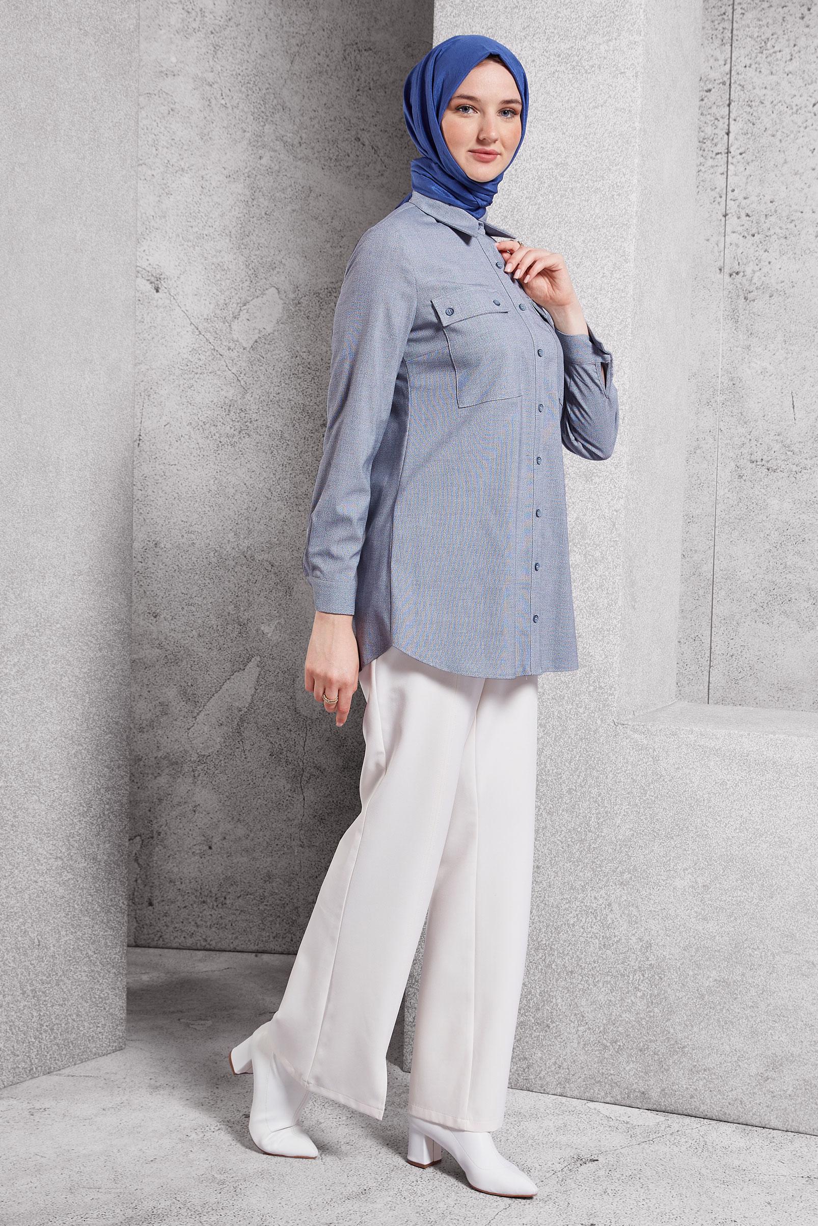Tesettür giyim LACİVERT GÖMLEK YAKA TUNİK 45080