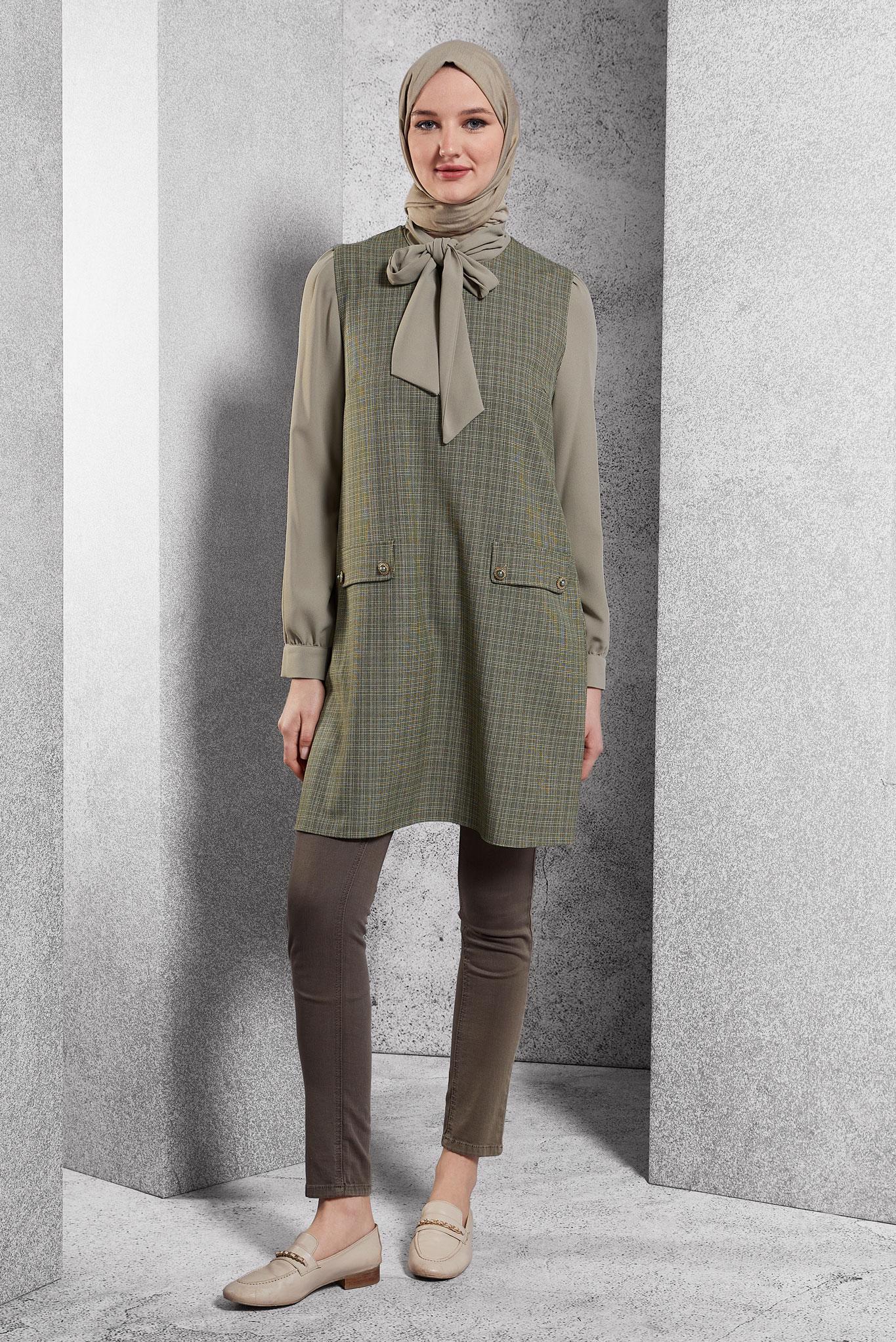 Tesettür giyim HAKİ BAĞLAMA DETAYLI TUNİKLİ TAKIM 45082