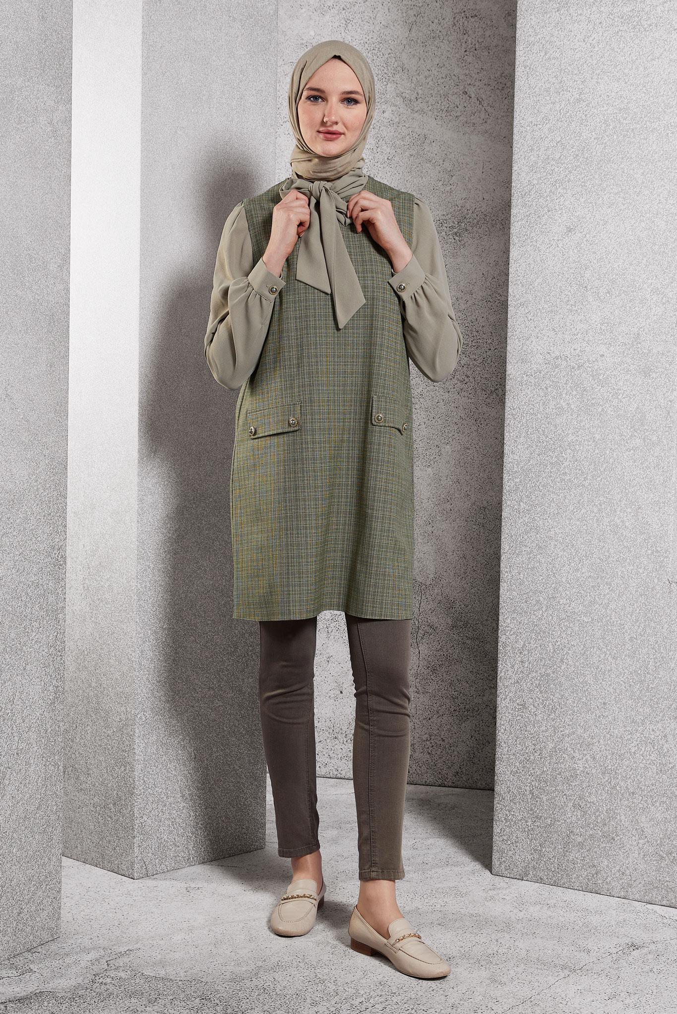 Tesettür giyim HAKİ BAĞLAMA DETAYLI TUNİKLİ TAKIM 45082