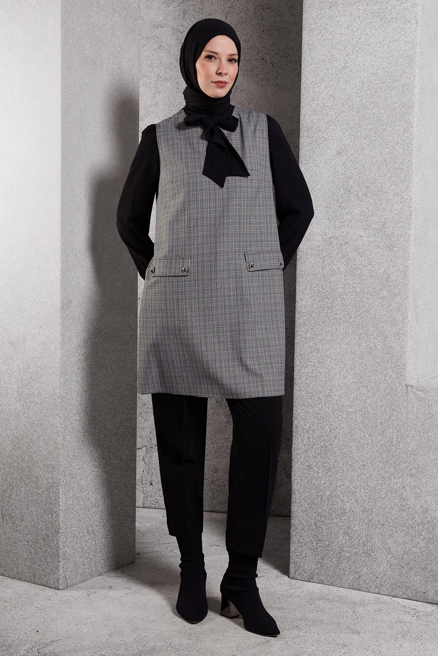 Tesettür giyim SİYAH BAĞLAMA DETAYLI TUNİKLİ TAKIM 45082