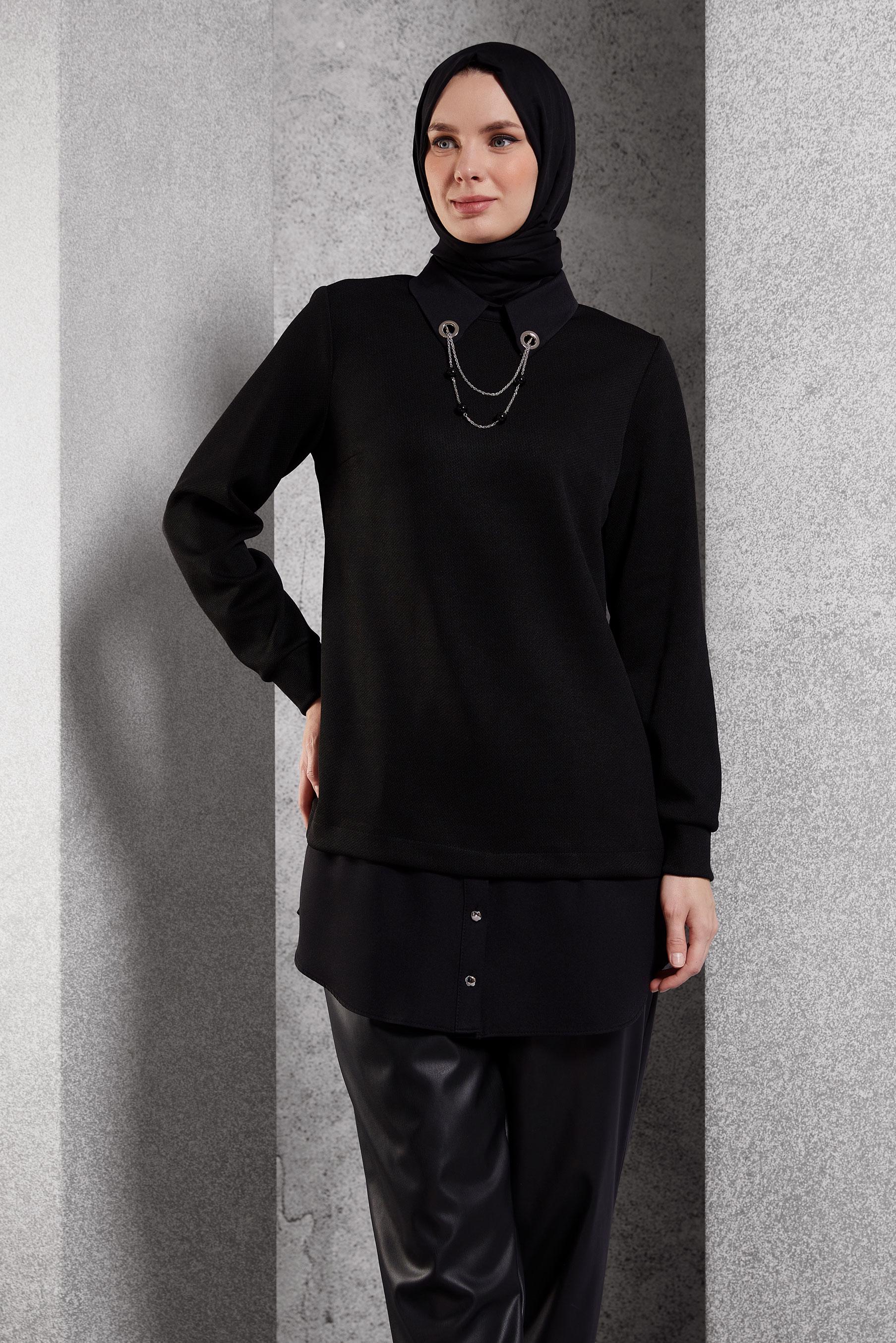Tesettür giyim SİYAH AKSESUAR DETAYLI TUNİK 45084