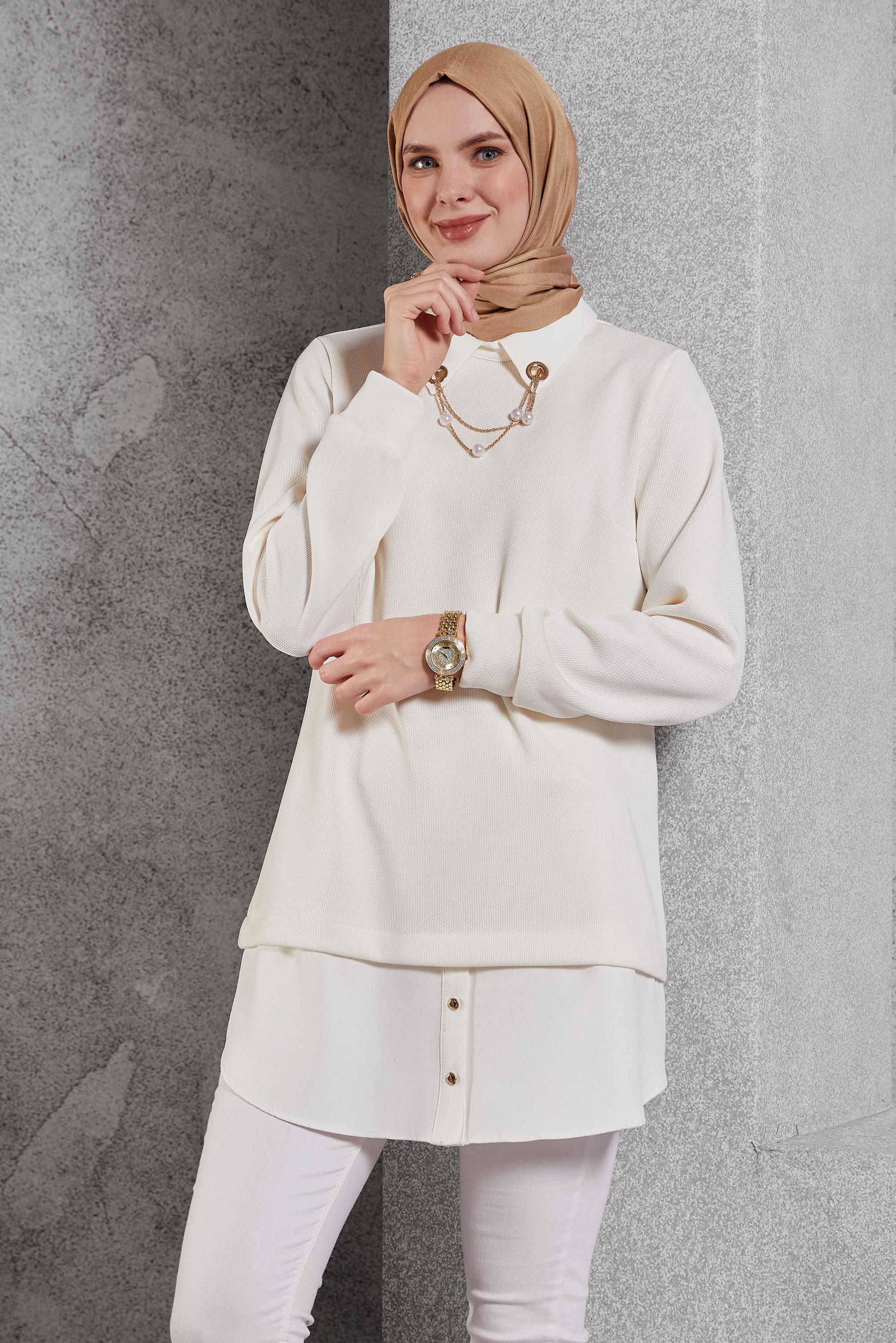 Tesettür giyim BEYAZ AKSESUAR DETAYLI TUNİK 45084