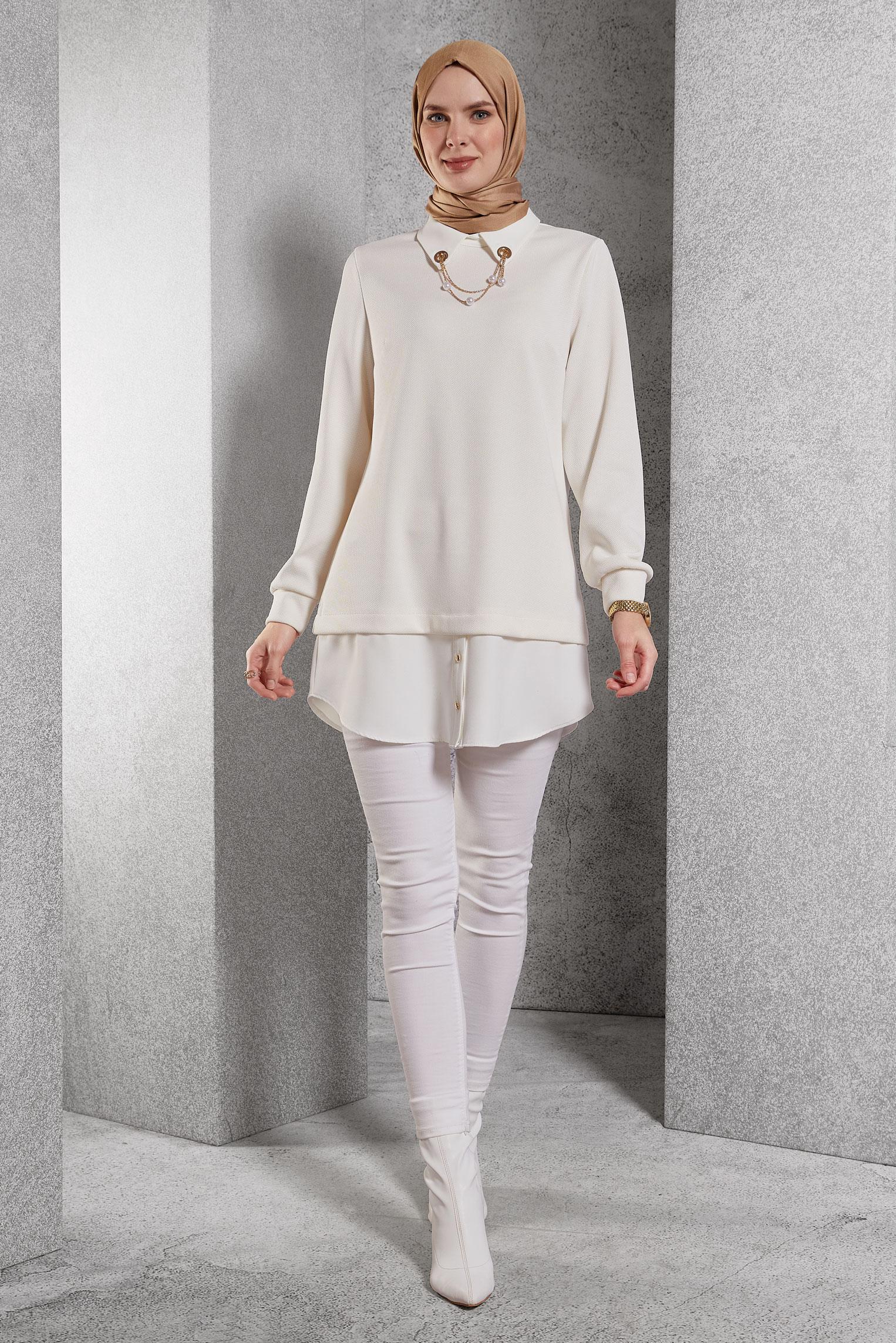 Tesettür giyim BEYAZ AKSESUAR DETAYLI TUNİK 45084
