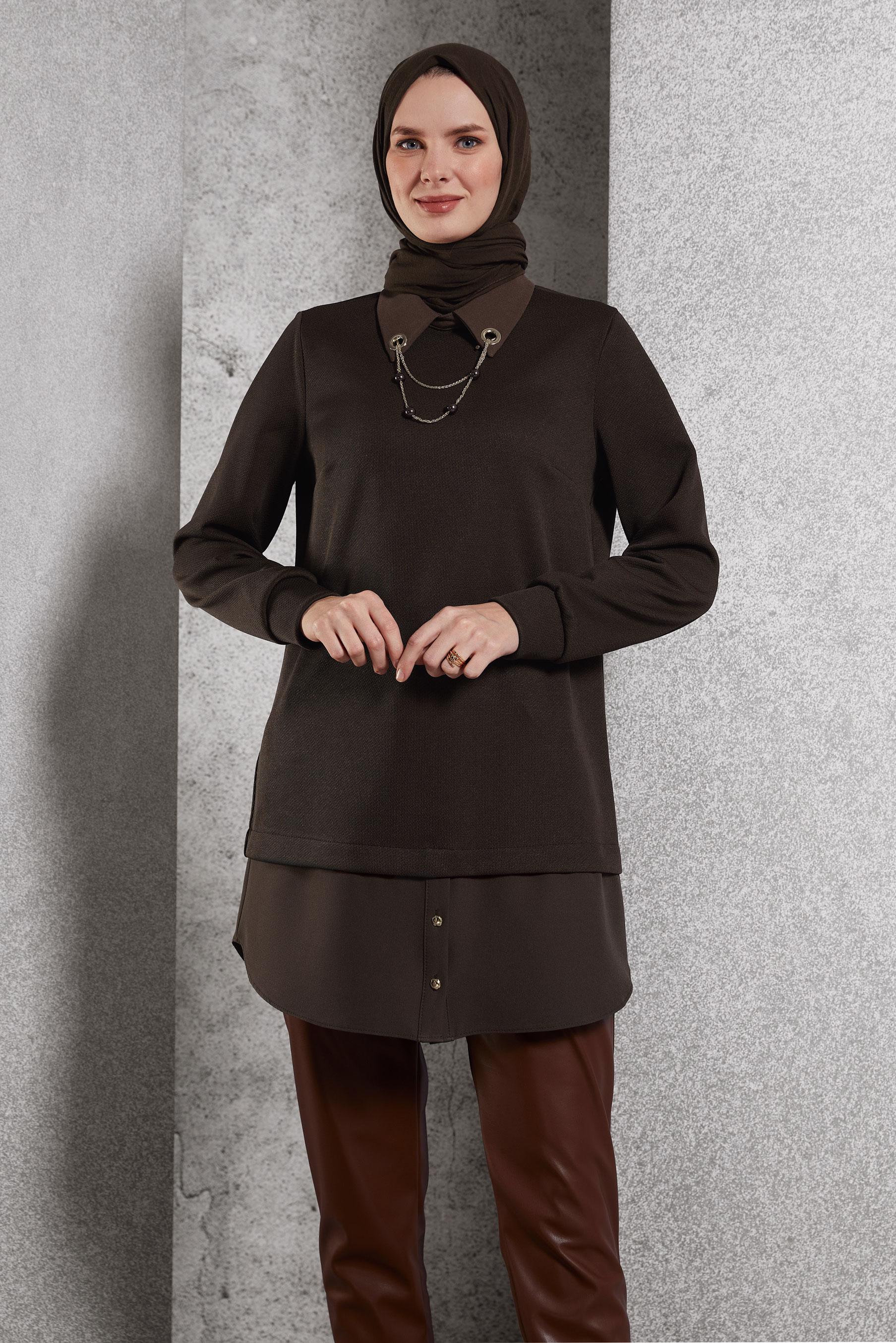 Tesettür giyim KAHVE AKSESUAR DETAYLI TUNİK 45084