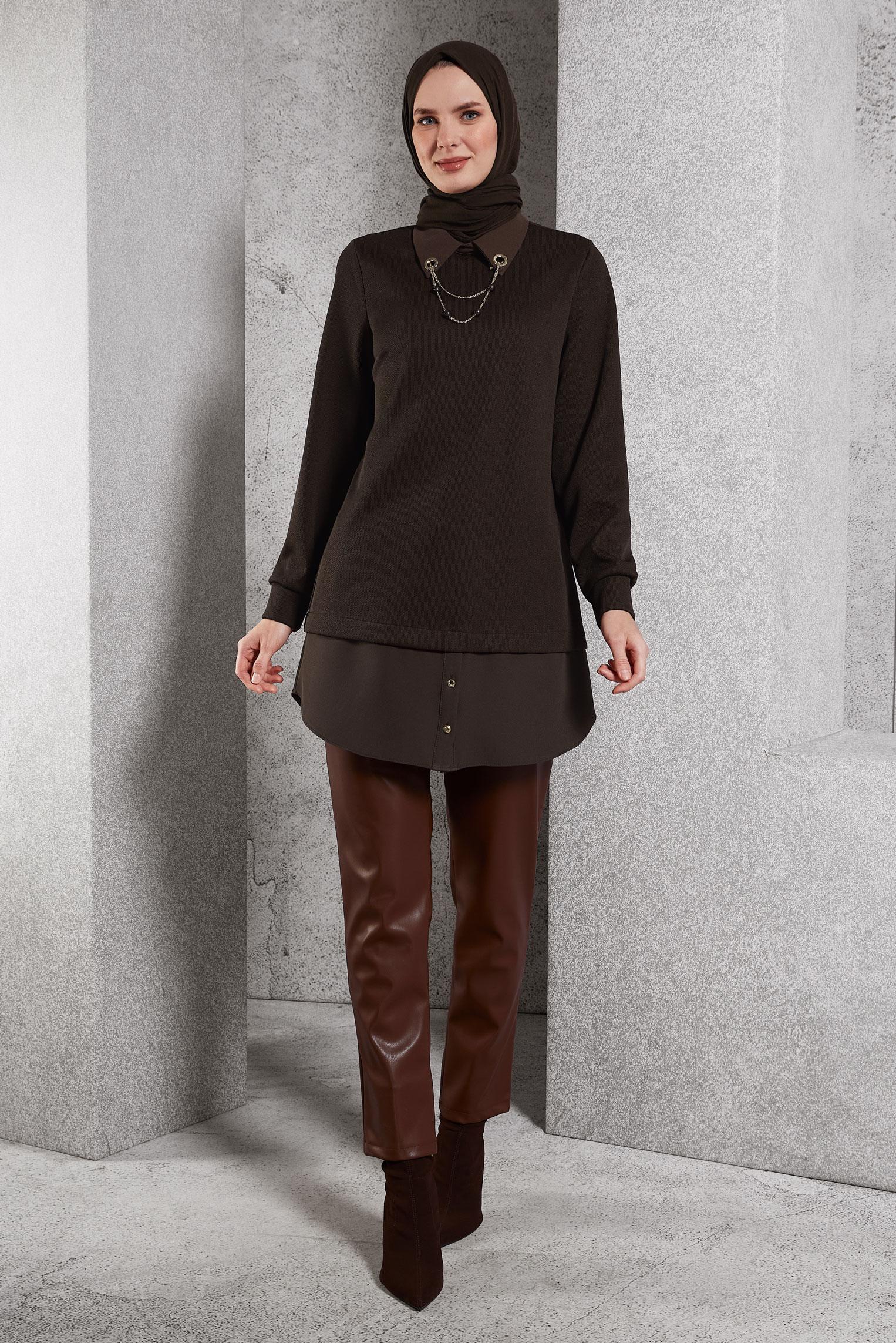 Tesettür giyim KAHVE AKSESUAR DETAYLI TUNİK 45084