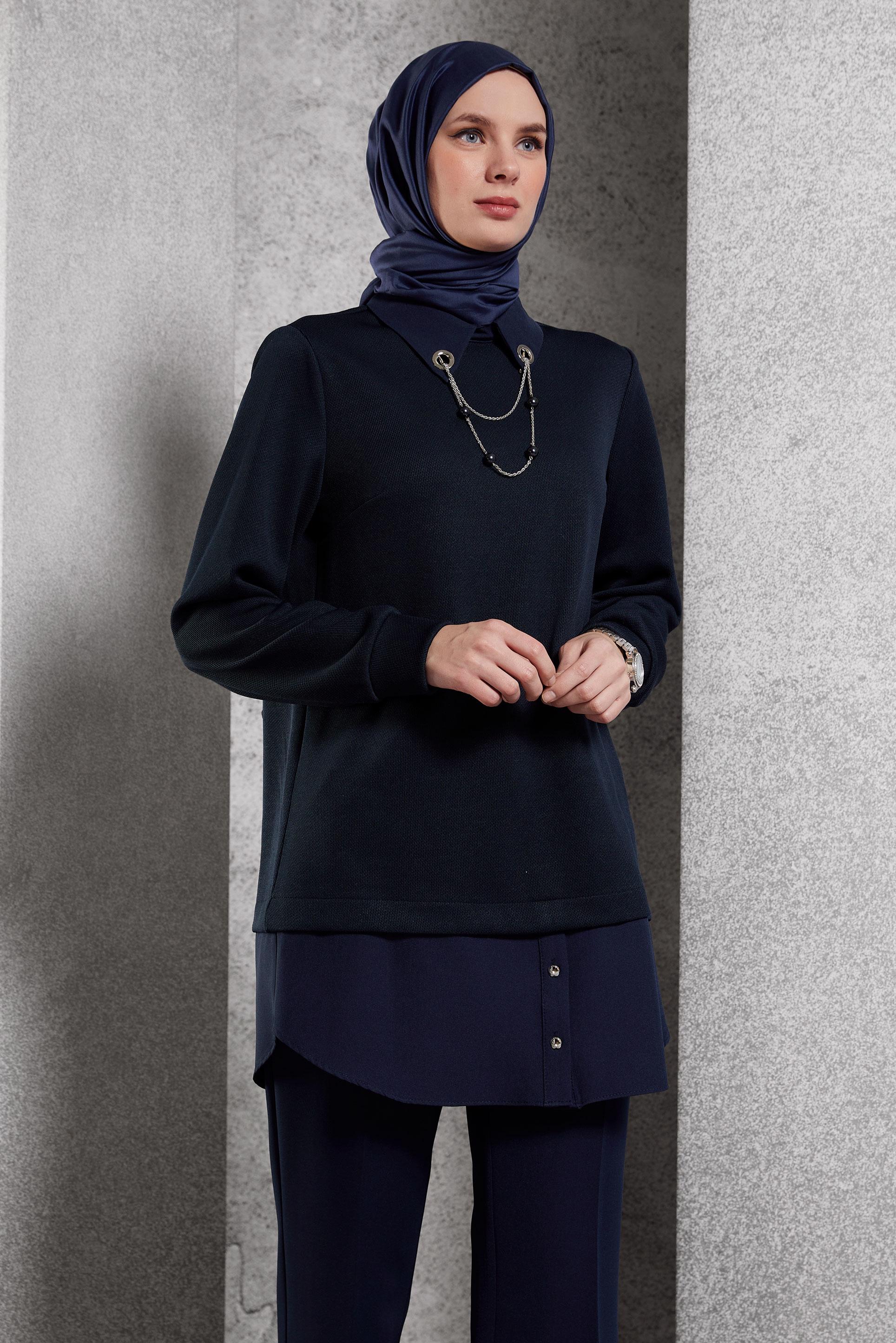 Tesettür giyim LACİVERT AKSESUAR DETAYLI TUNİK 45084