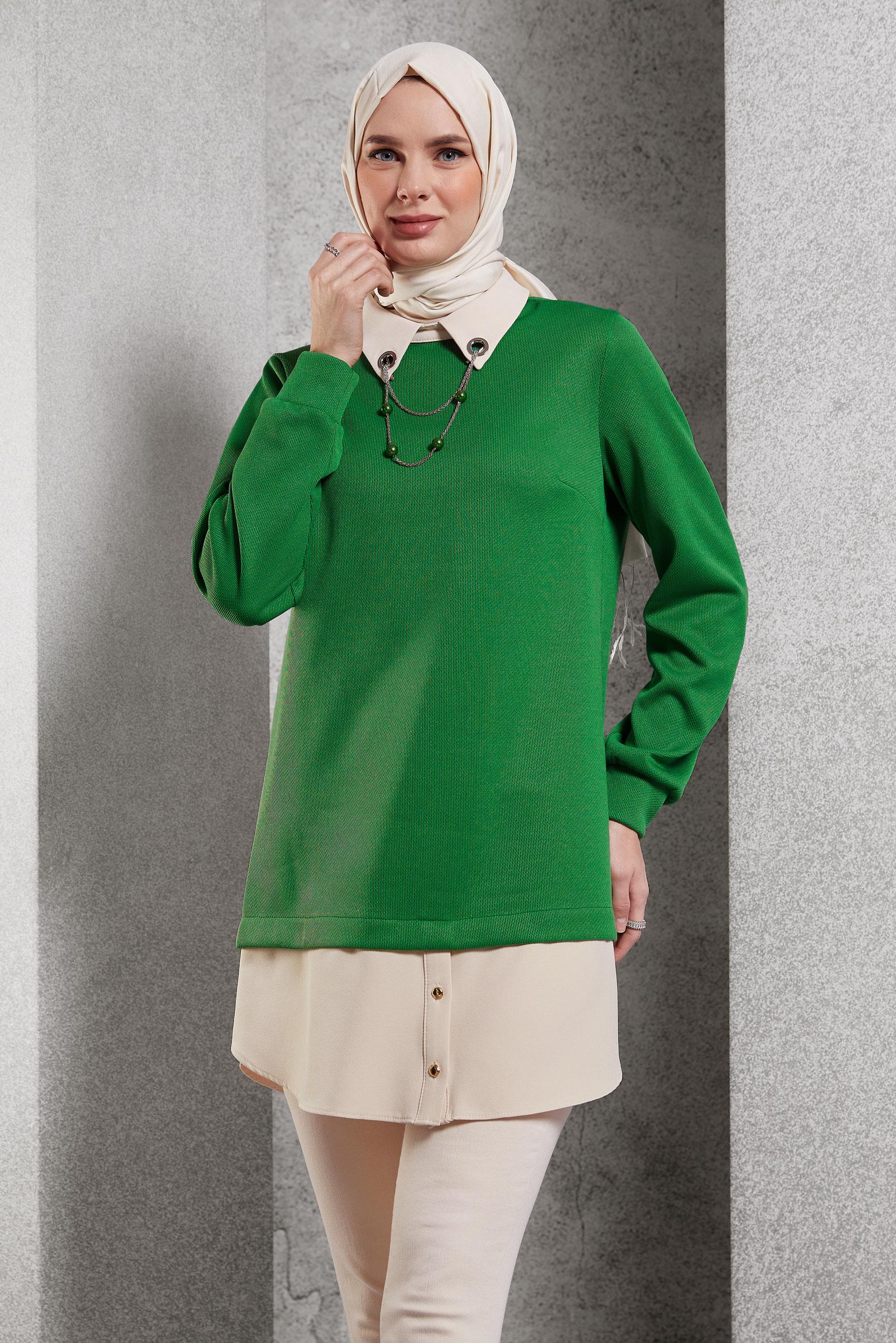 Tesettür giyim YEŞİL AKSESUAR DETAYLI TUNİK 45084