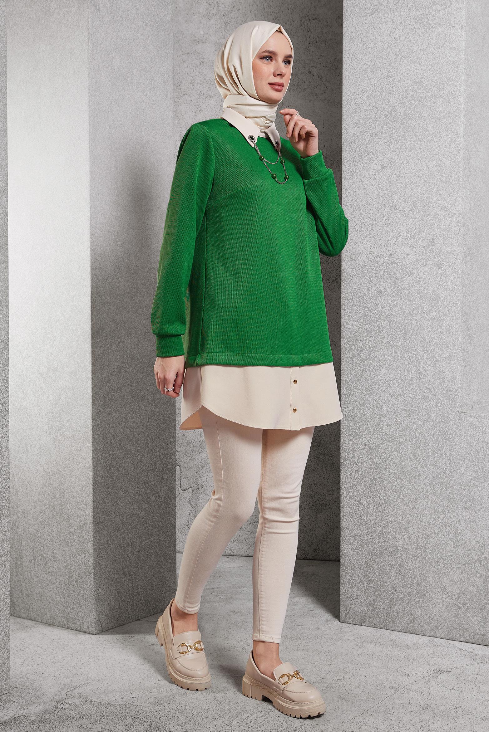 Tesettür giyim YEŞİL AKSESUAR DETAYLI TUNİK 45084