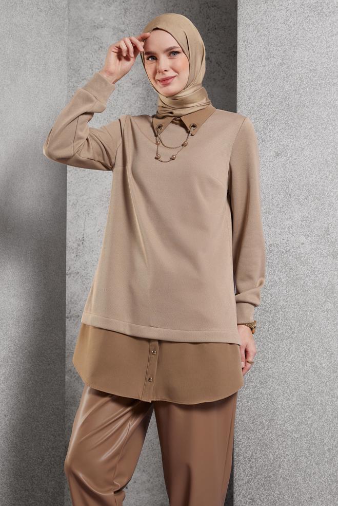 Vêtements hijab BEIGE TUNIQUE AVEC ACCESSOIRE 45084 - ALVİNA