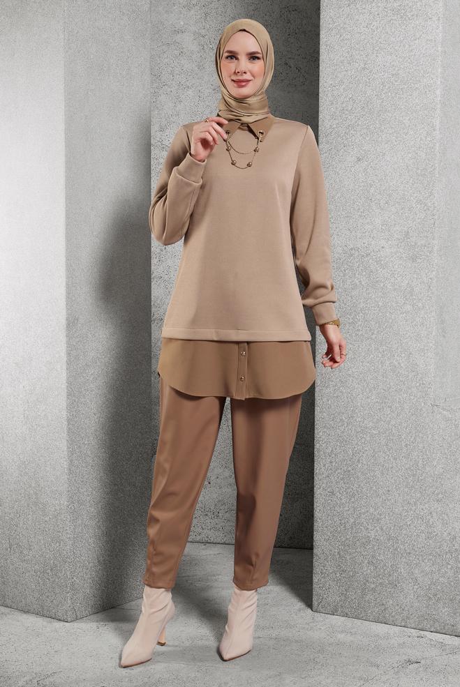 Vêtements hijab BEIGE TUNIQUE AVEC ACCESSOIRE 45084 - ALVİNA