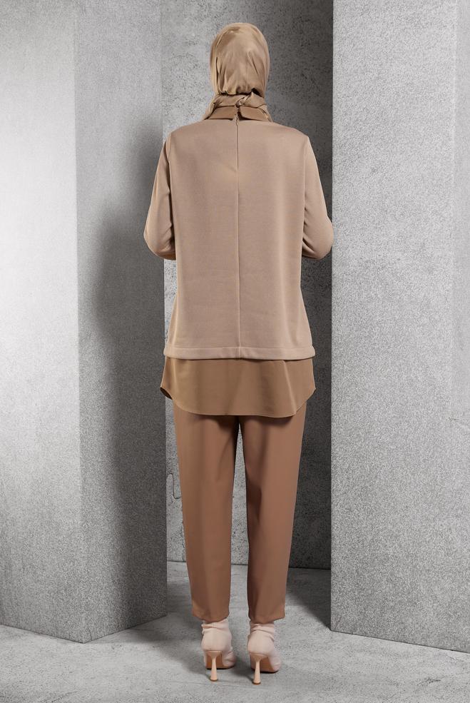 Vêtements hijab BEIGE TUNIQUE AVEC ACCESSOIRE 45084 - ALVİNA