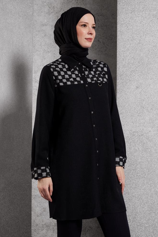 Vêtements hijab NOIR TUNIQUE À MOTIFS 45088 - ALVİNA