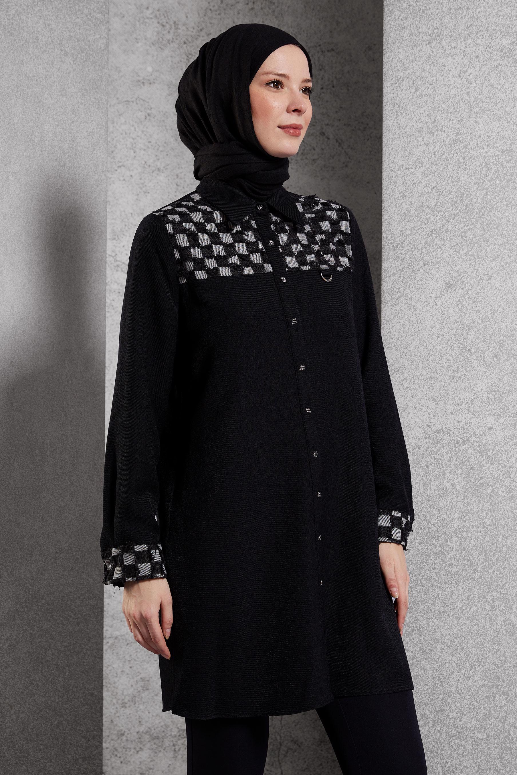 Tesettür giyim SİYAH KARE DESENLİ TUNİK 45088