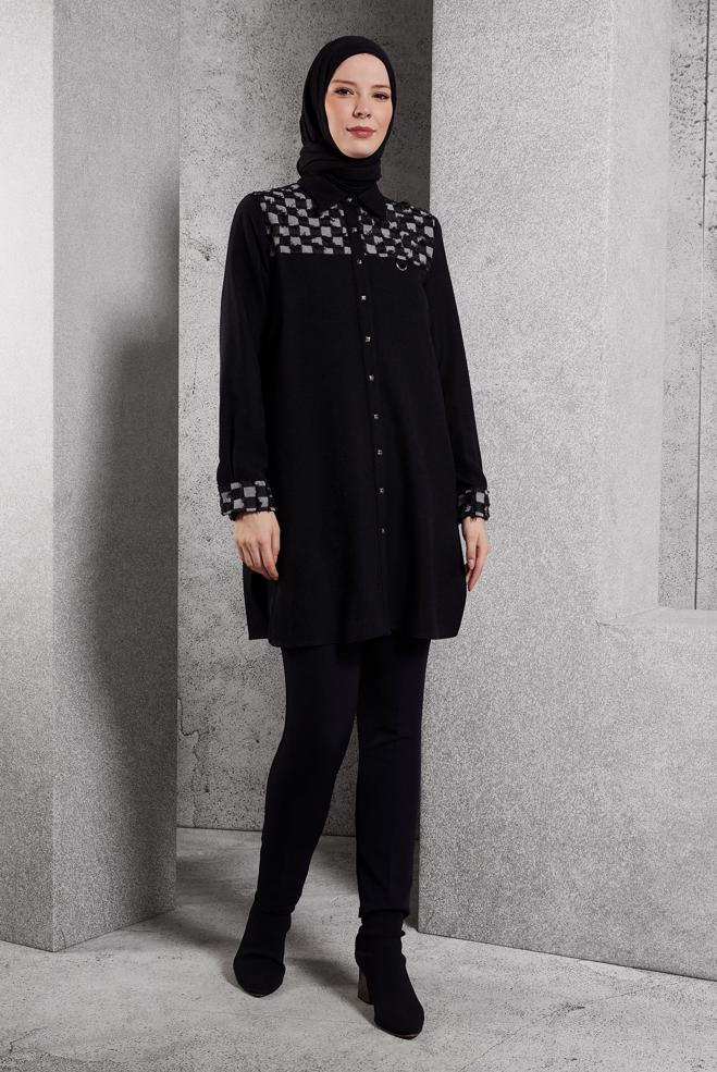Vêtements hijab NOIR TUNIQUE À MOTIFS 45088 - ALVİNA