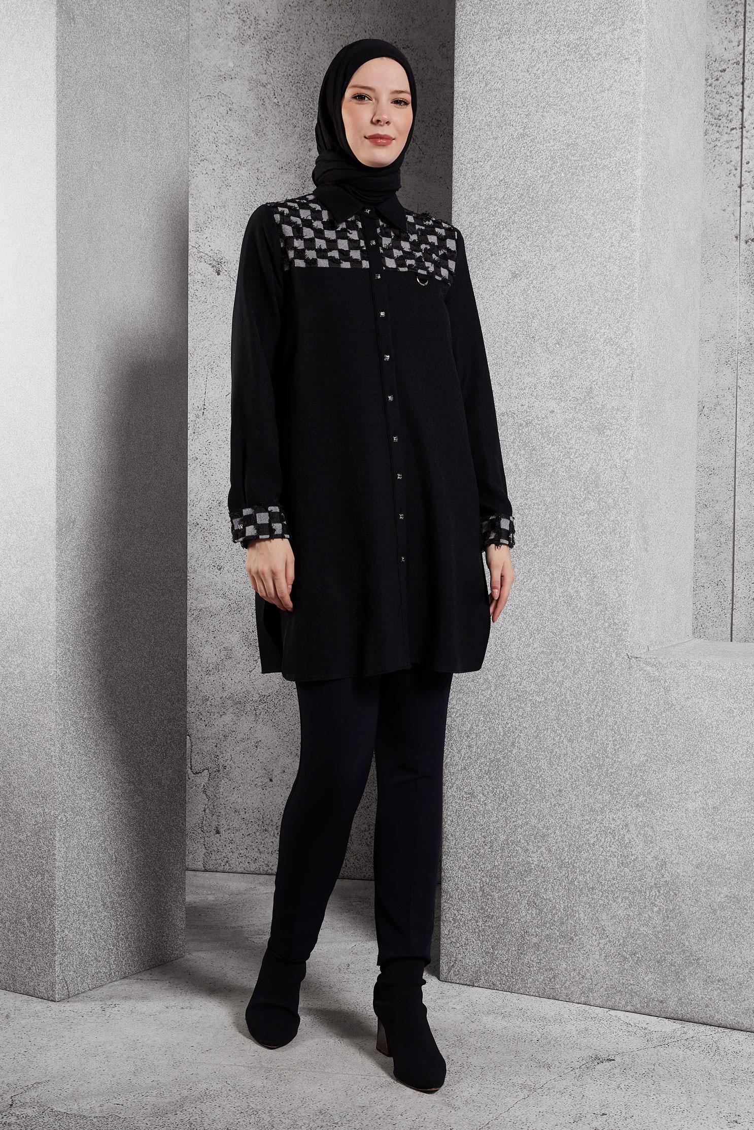 Tesettür giyim SİYAH KARE DESENLİ TUNİK 45088
