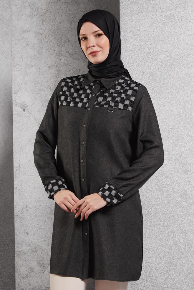 Vêtements hijab GRIS TUNIQUE À MOTIFS 45088 - ALVİNA