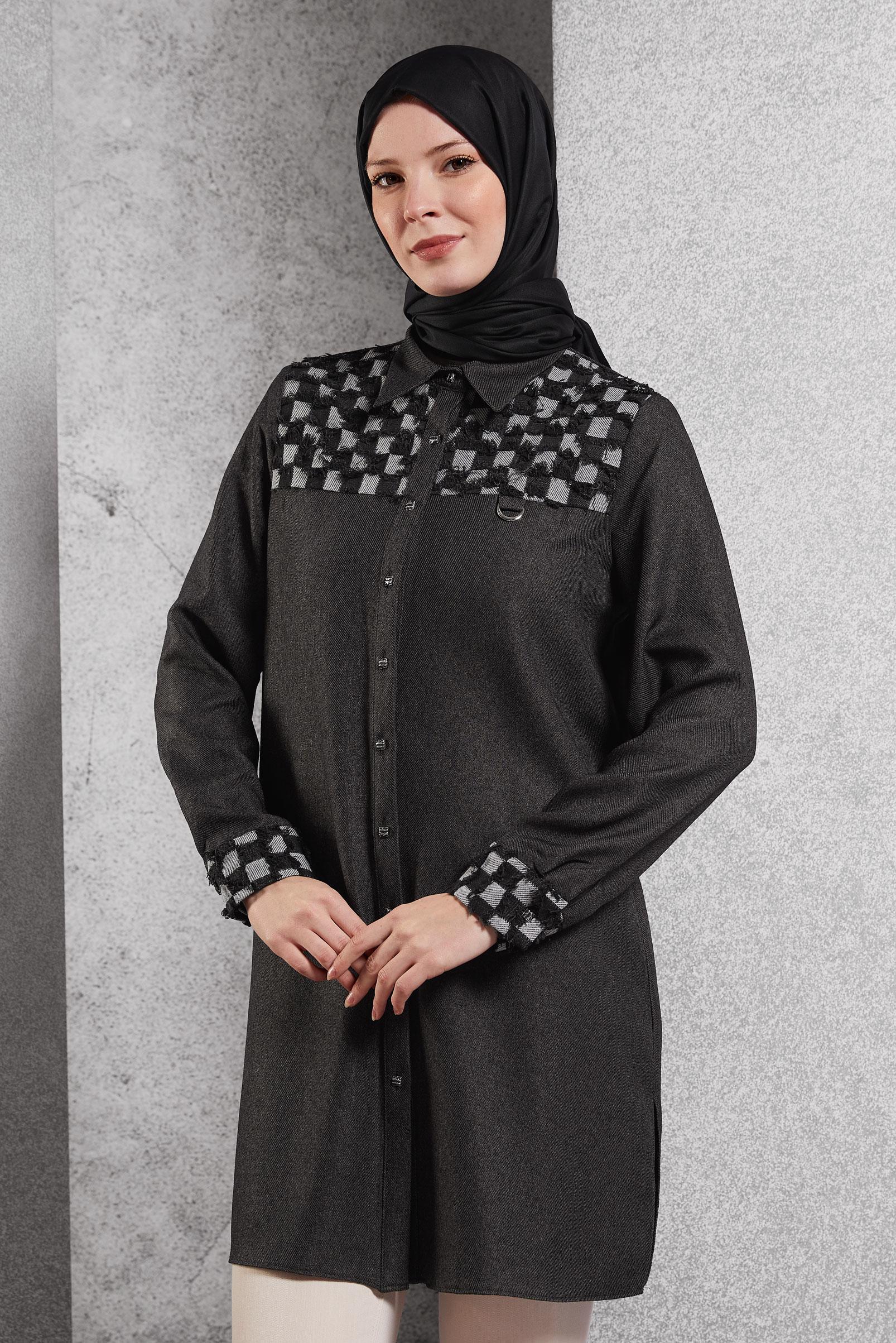 Tesettür giyim GRİ KARE DESENLİ TUNİK 45088