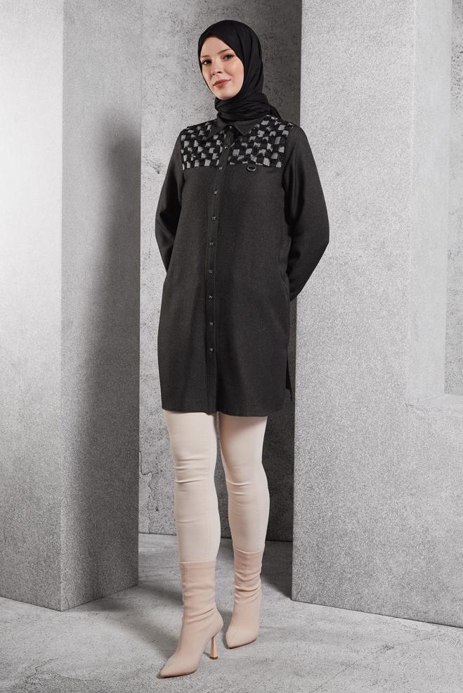 Vêtements hijab GRIS TUNIQUE À MOTIFS 45088 - ALVİNA