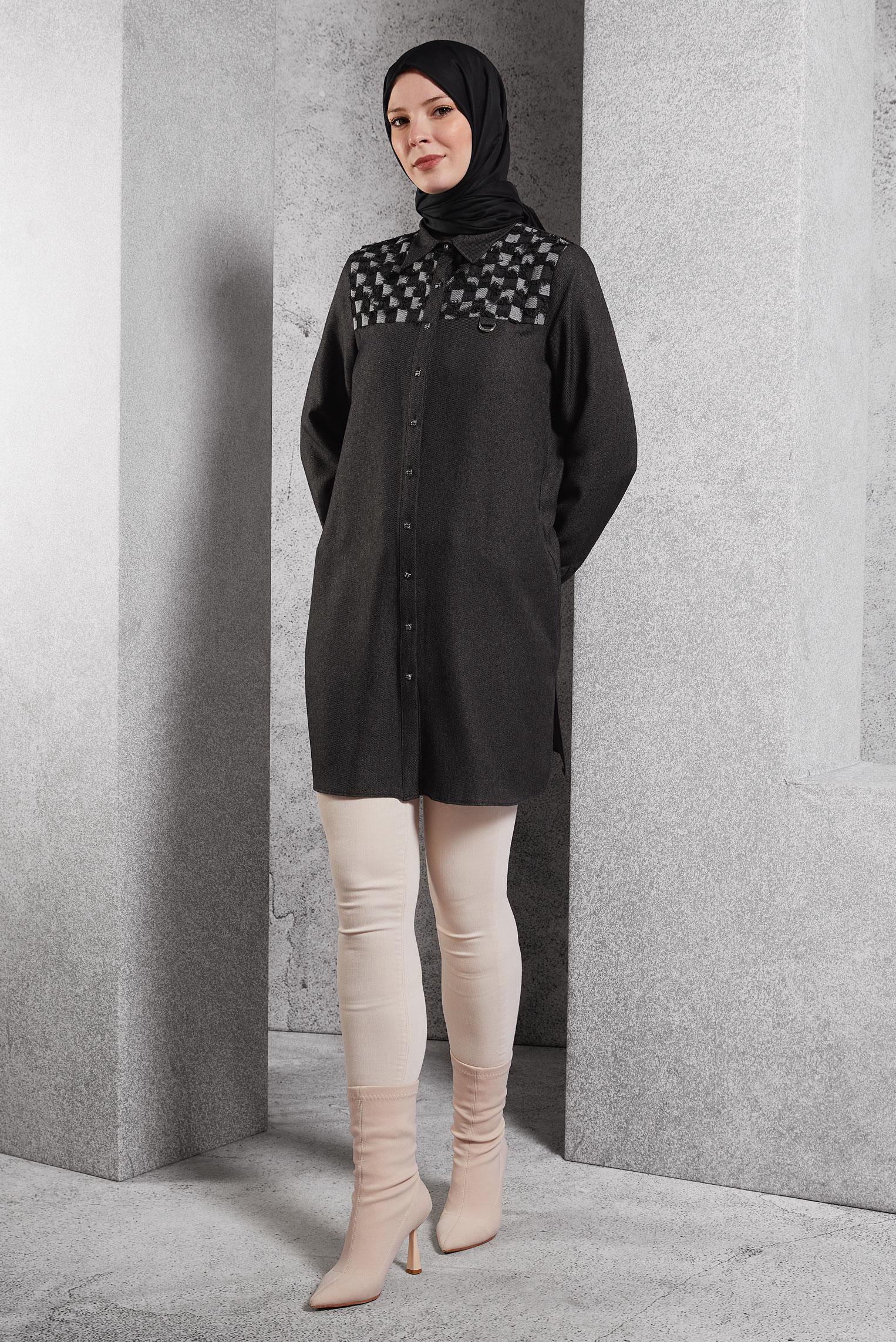 Tesettür giyim GRİ KARE DESENLİ TUNİK 45088