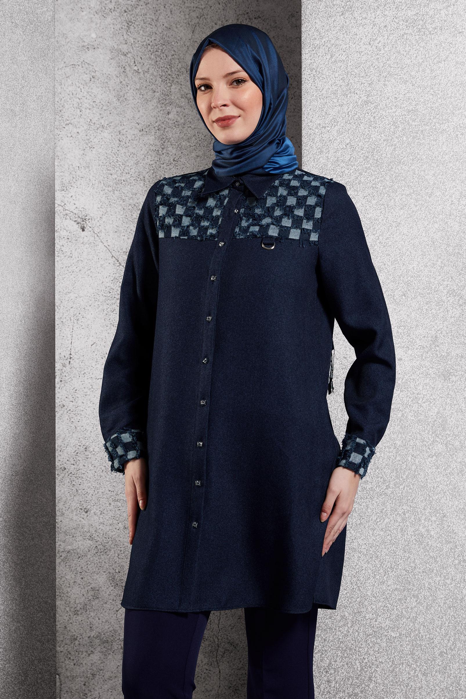 Tesettür giyim LACİVERT KARE DESENLİ TUNİK 45088