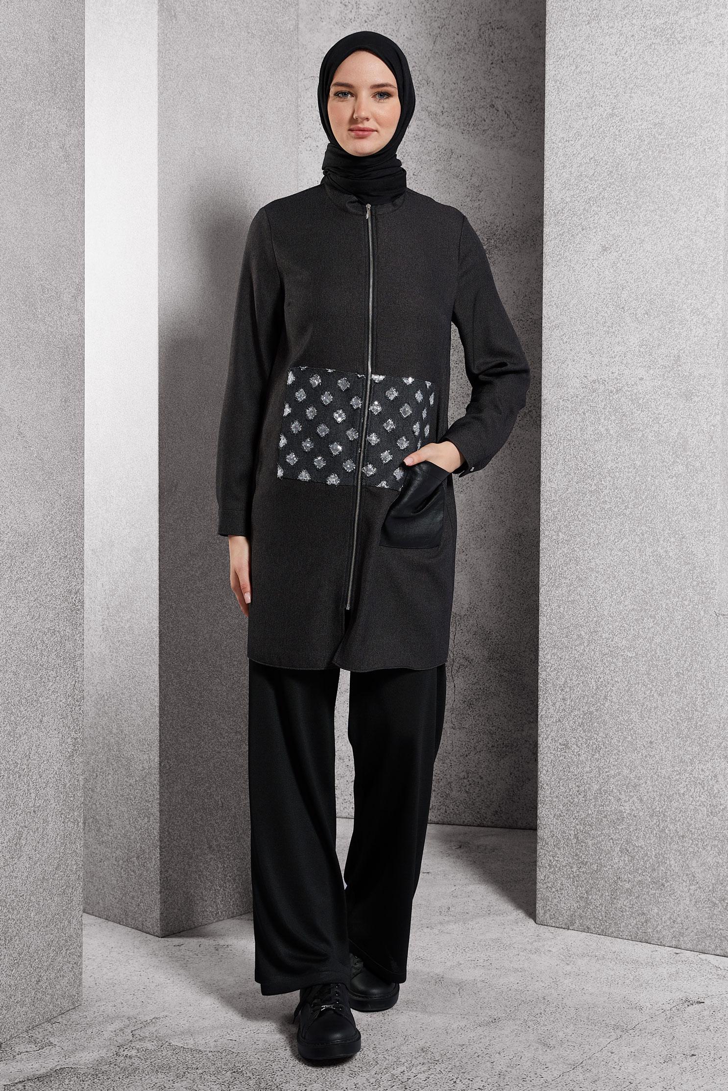 Tesettür giyim GRİ FERMUARLI TESETTÜR TUNİK 45090