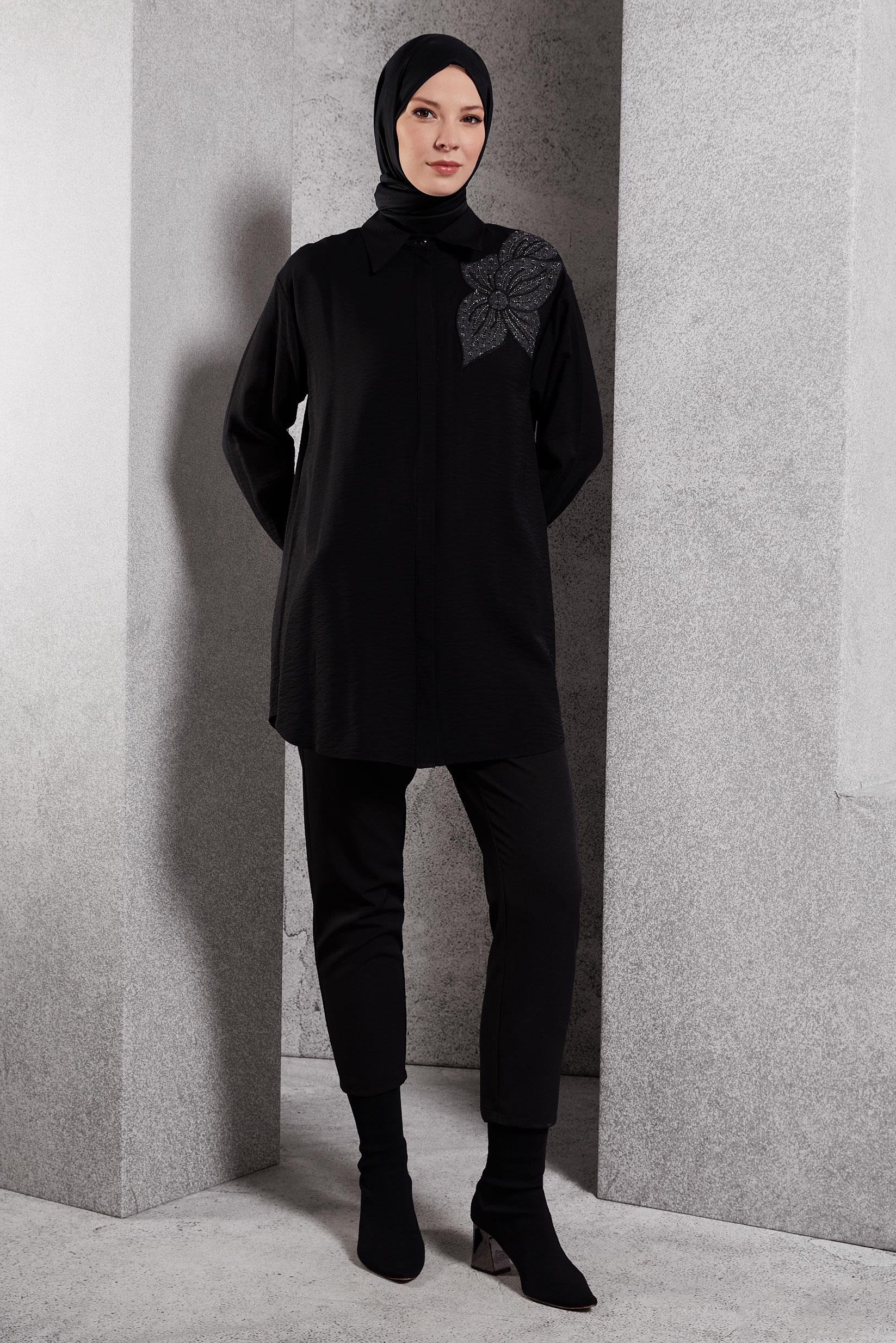 Tesettür giyim SİYAH GÖMLEK YAKA TUNİK 45091