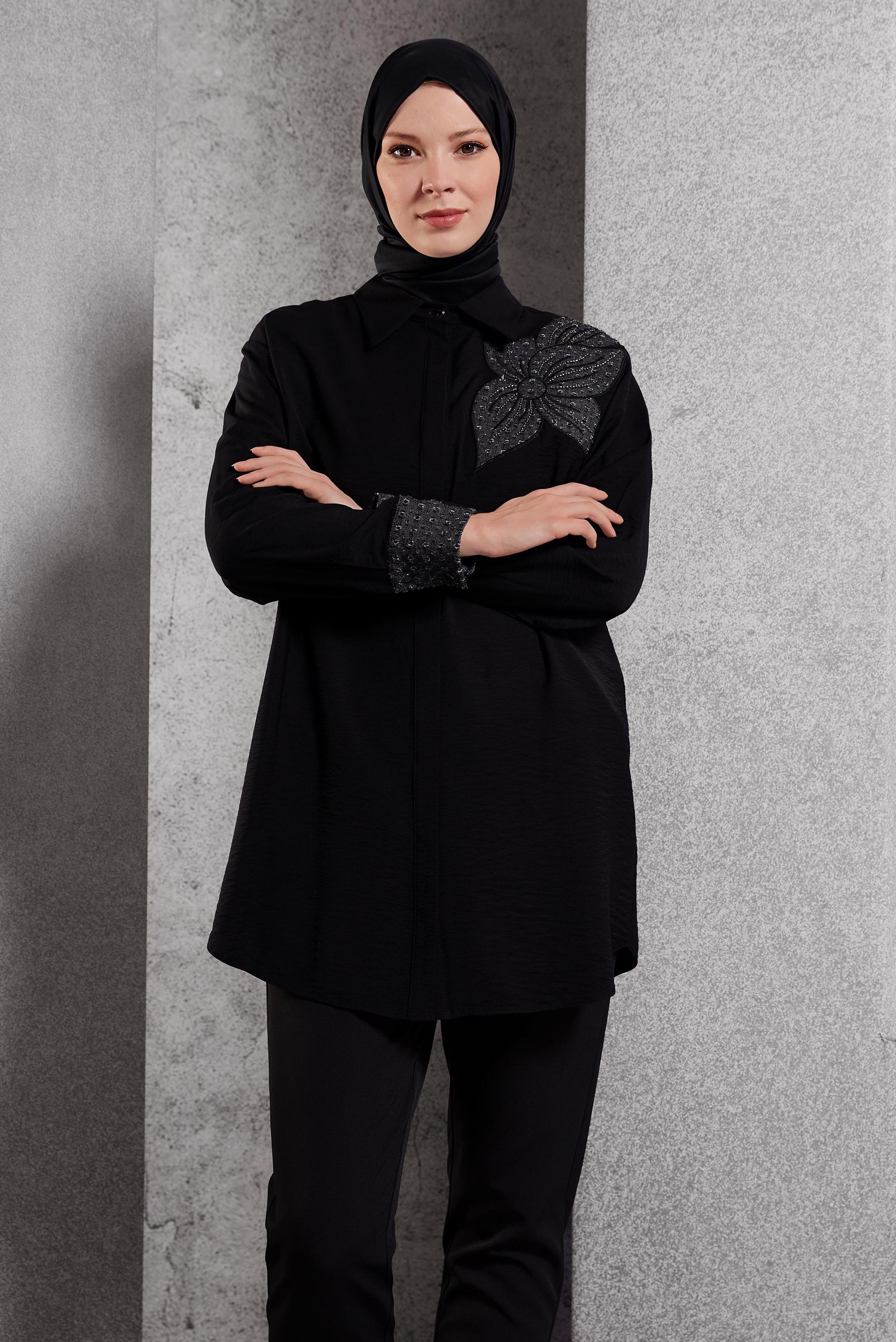 Tesettür giyim SİYAH GÖMLEK YAKA TUNİK 45091
