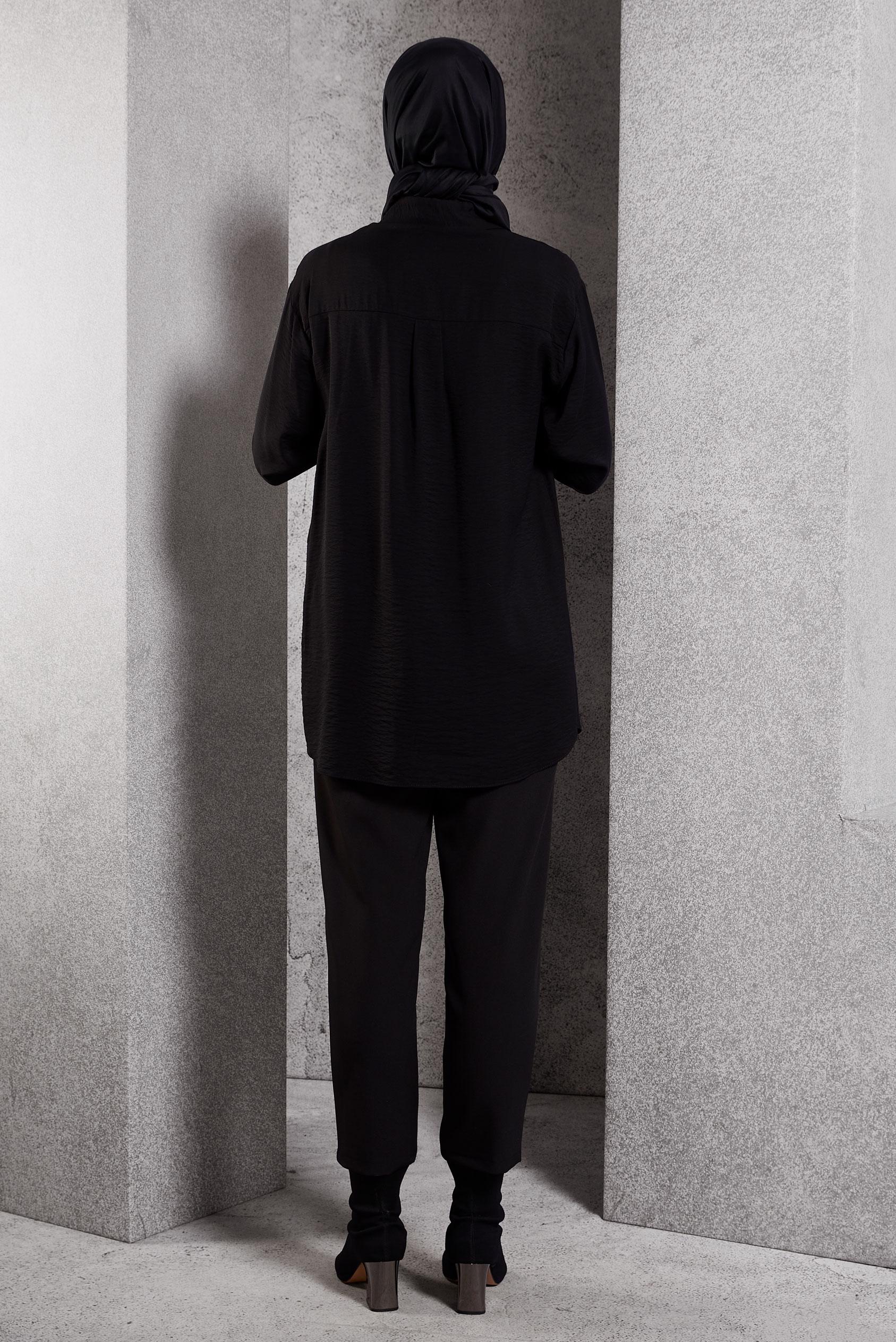 Tesettür giyim SİYAH GÖMLEK YAKA TUNİK 45091