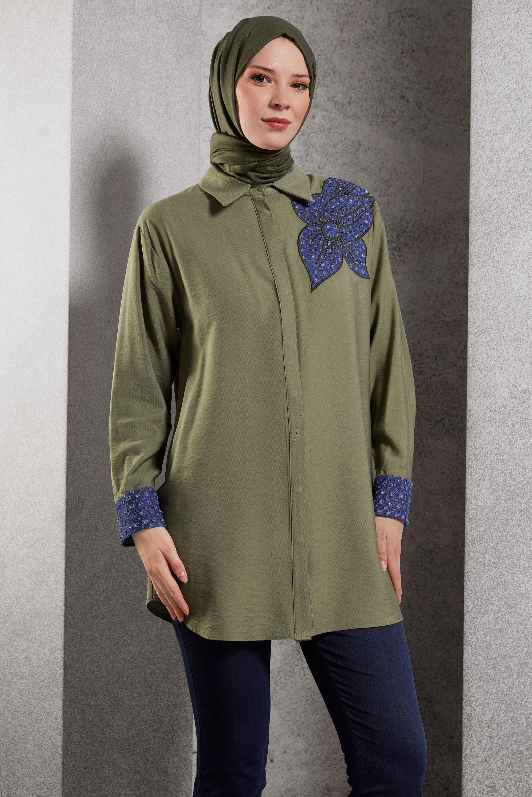 Tesettür giyim HAKİ GÖMLEK YAKA TUNİK 45091