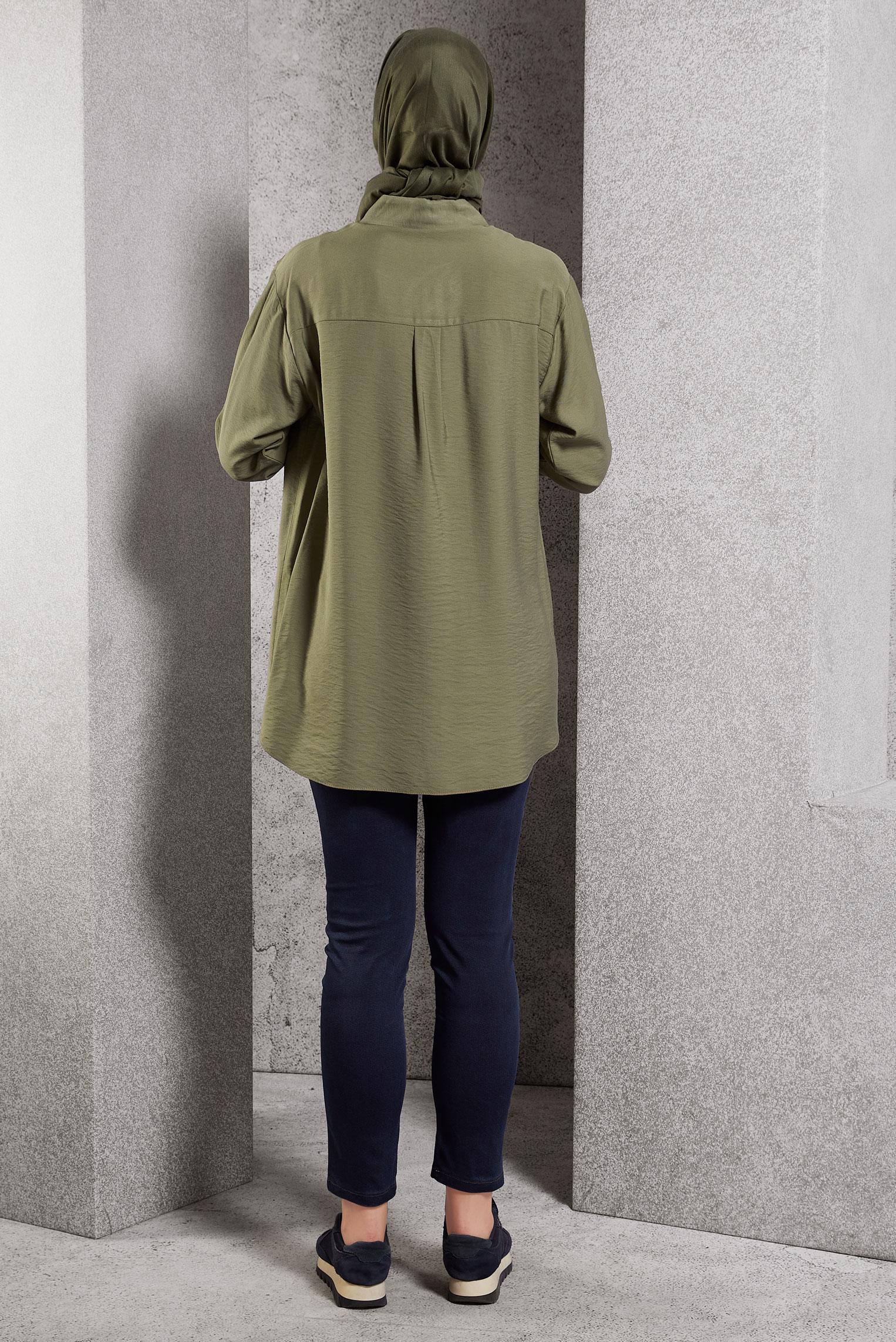 Tesettür giyim HAKİ GÖMLEK YAKA TUNİK 45091