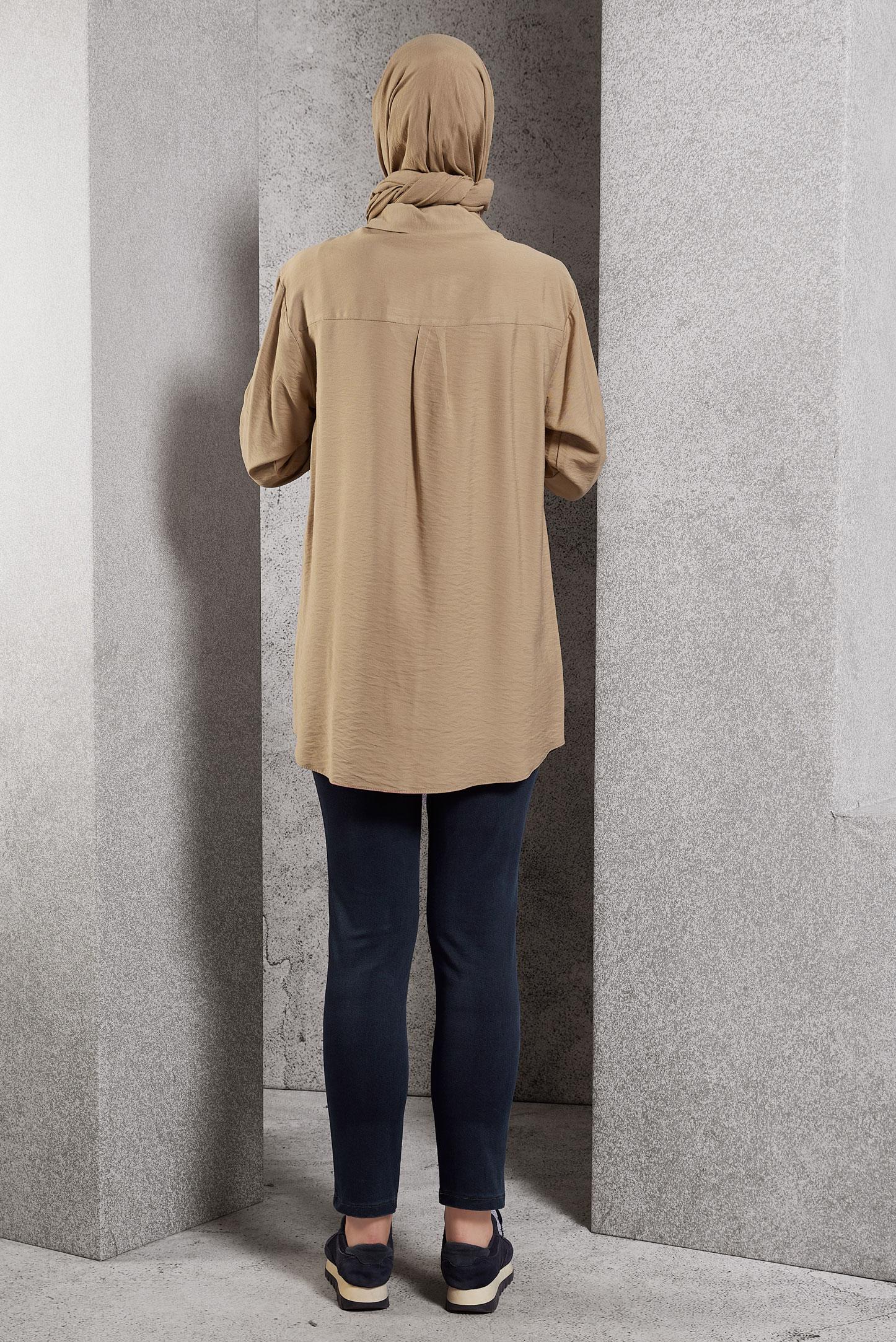 Tesettür giyim KAHVE GÖMLEK YAKA TUNİK 45091