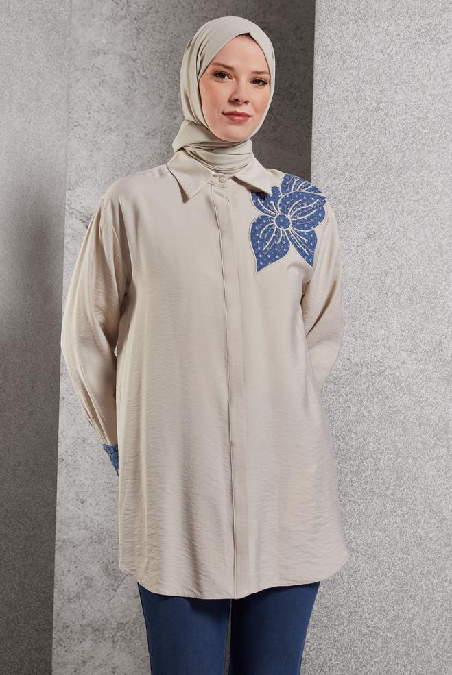 Hijab clothing BEIGE SHIRT COLLAR TUNIC 45091 - ALVİNA