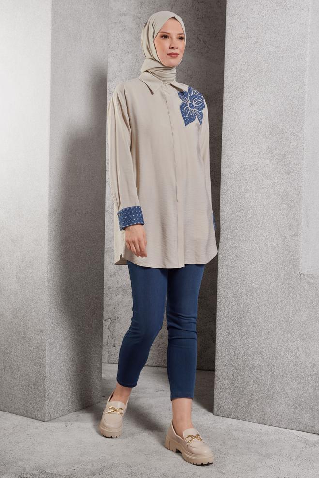 Hijab clothing BEIGE SHIRT COLLAR TUNIC 45091 - ALVİNA