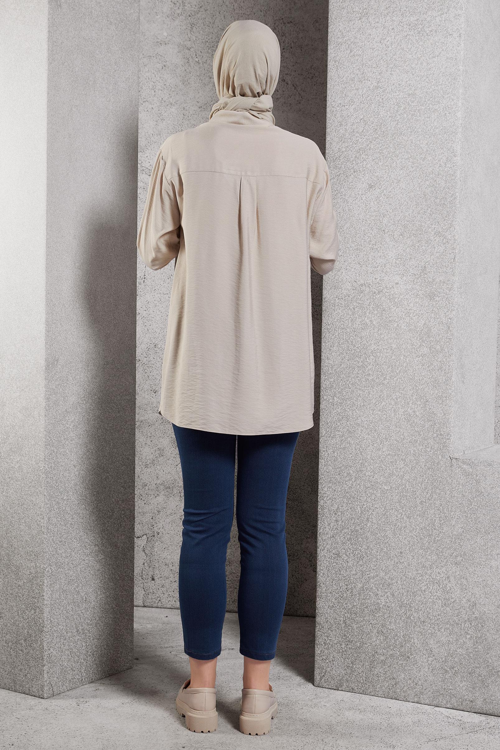 Tesettür giyim BEJ GÖMLEK YAKA TUNİK 45091