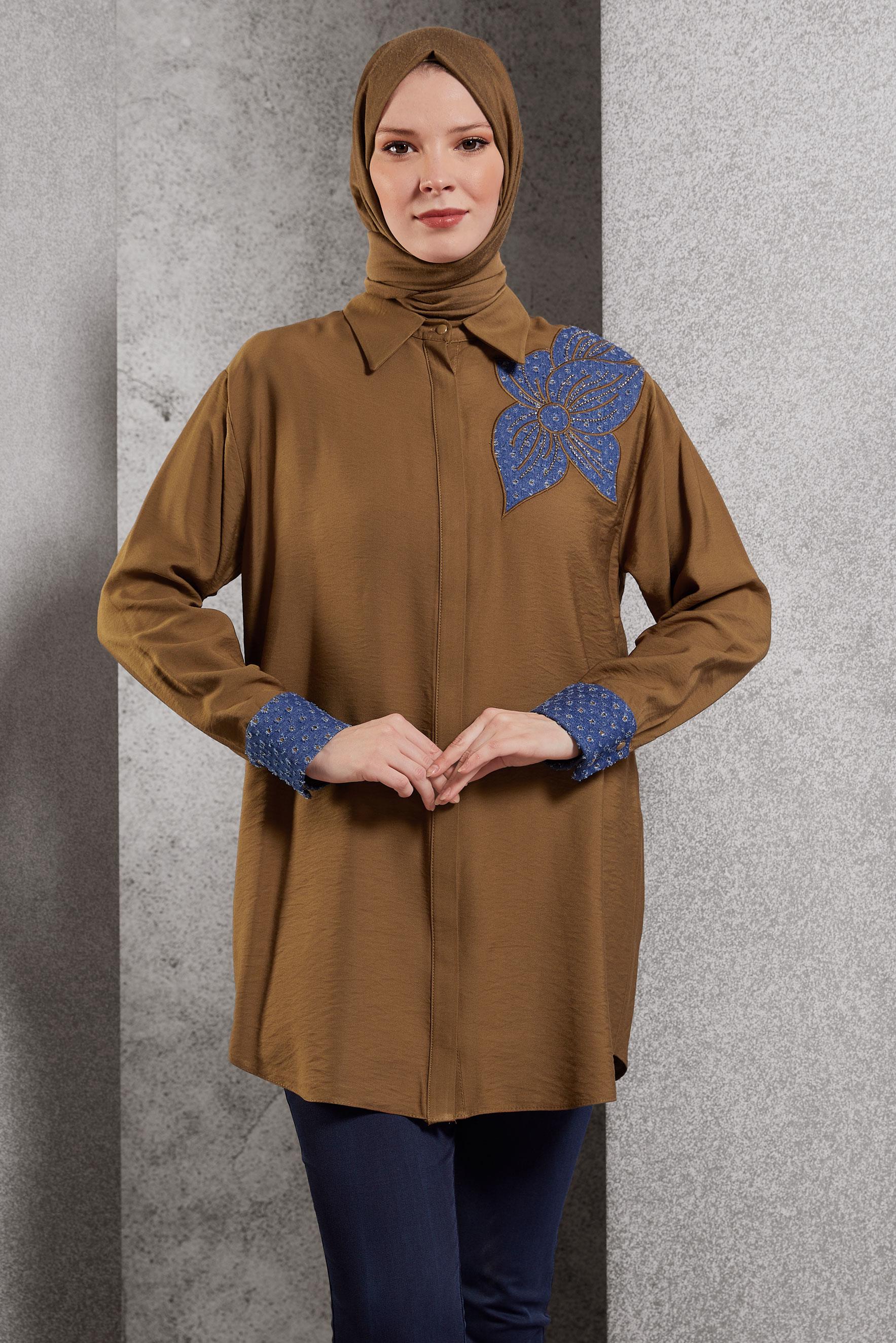 Tesettür giyim KAHVE GÖMLEK YAKA TUNİK 45091