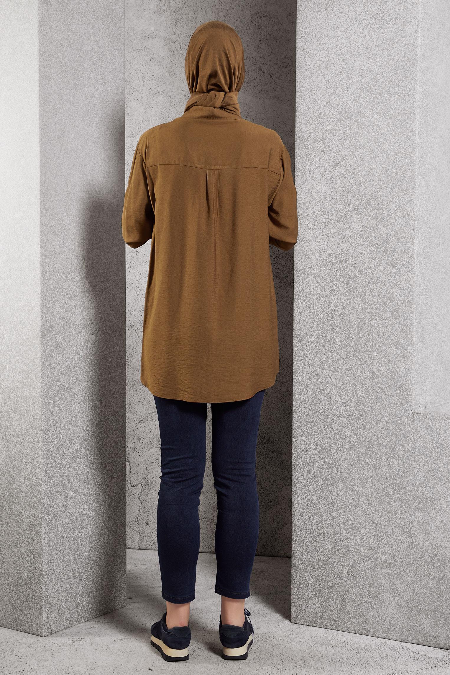 Tesettür giyim KAHVE GÖMLEK YAKA TUNİK 45091