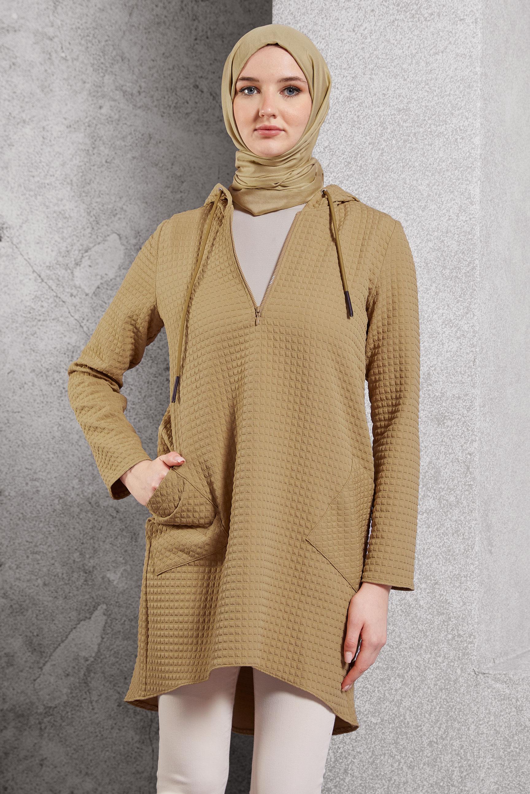 Tesettür giyim KAHVE KAPİTONE DESENLİ TUNİK 45100