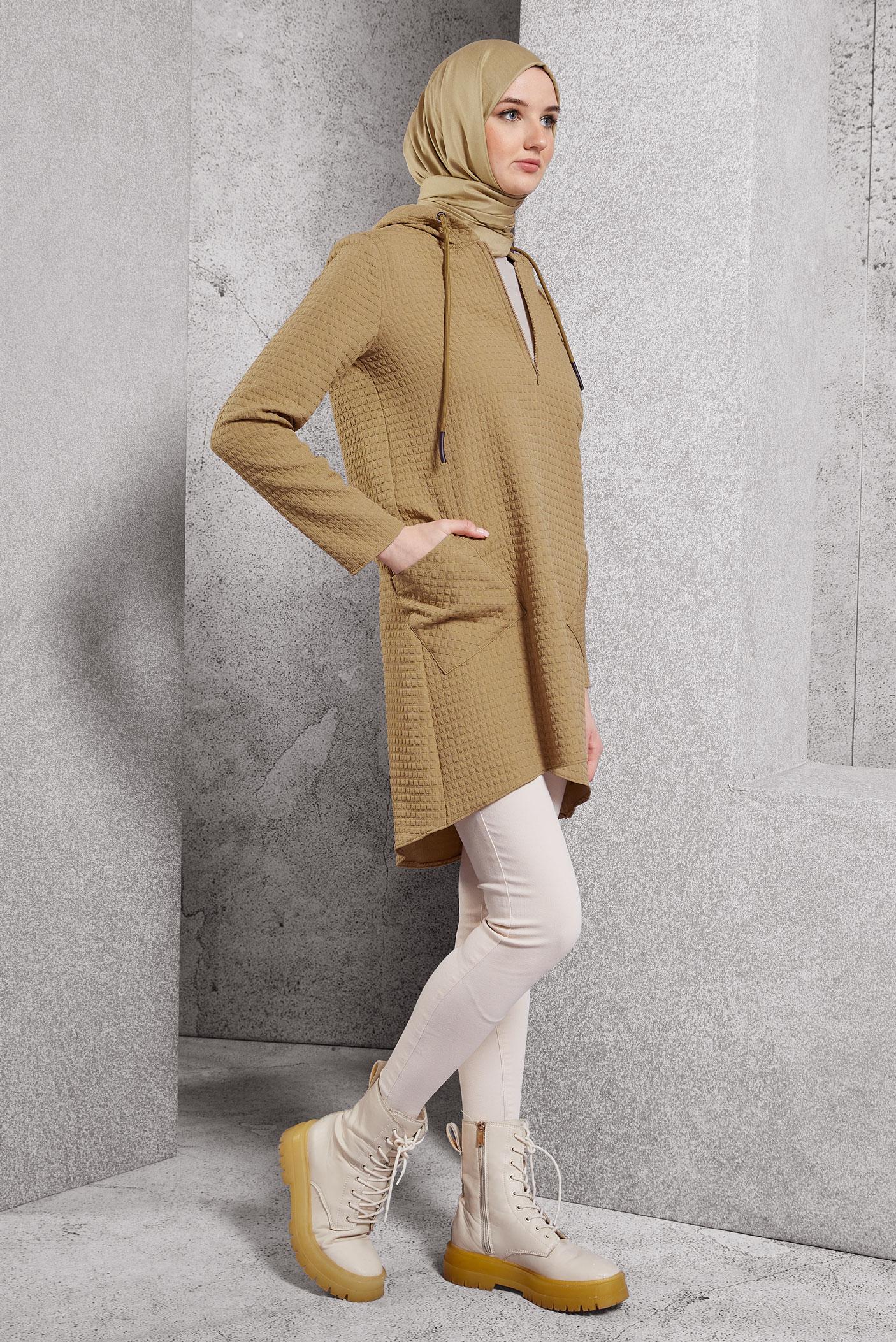 Tesettür giyim KAHVE KAPİTONE DESENLİ TUNİK 45100