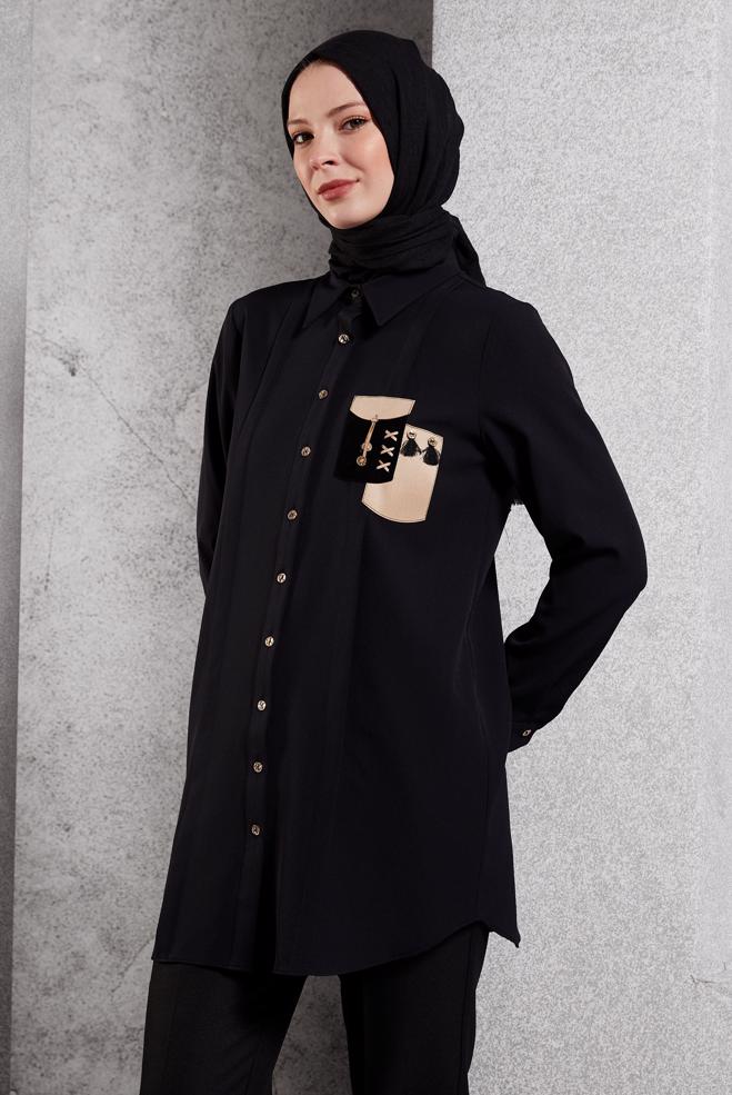 Tesettür giyim SİYAH TESETTÜR GÖMLEK TUNİK 45101 - ALVİNA