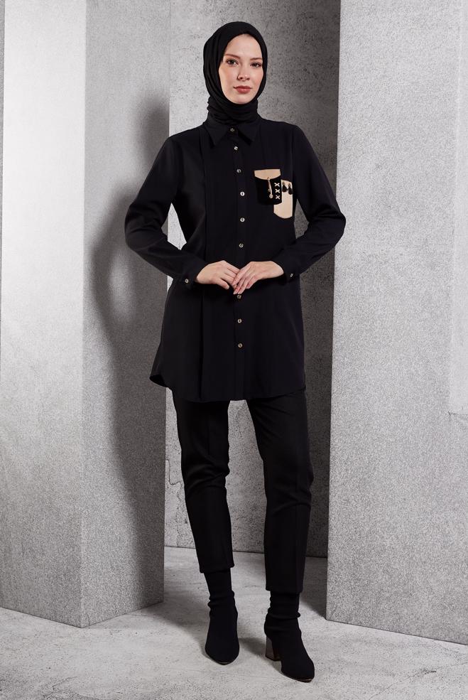 Tesettür giyim SİYAH TESETTÜR GÖMLEK TUNİK 45101 - ALVİNA