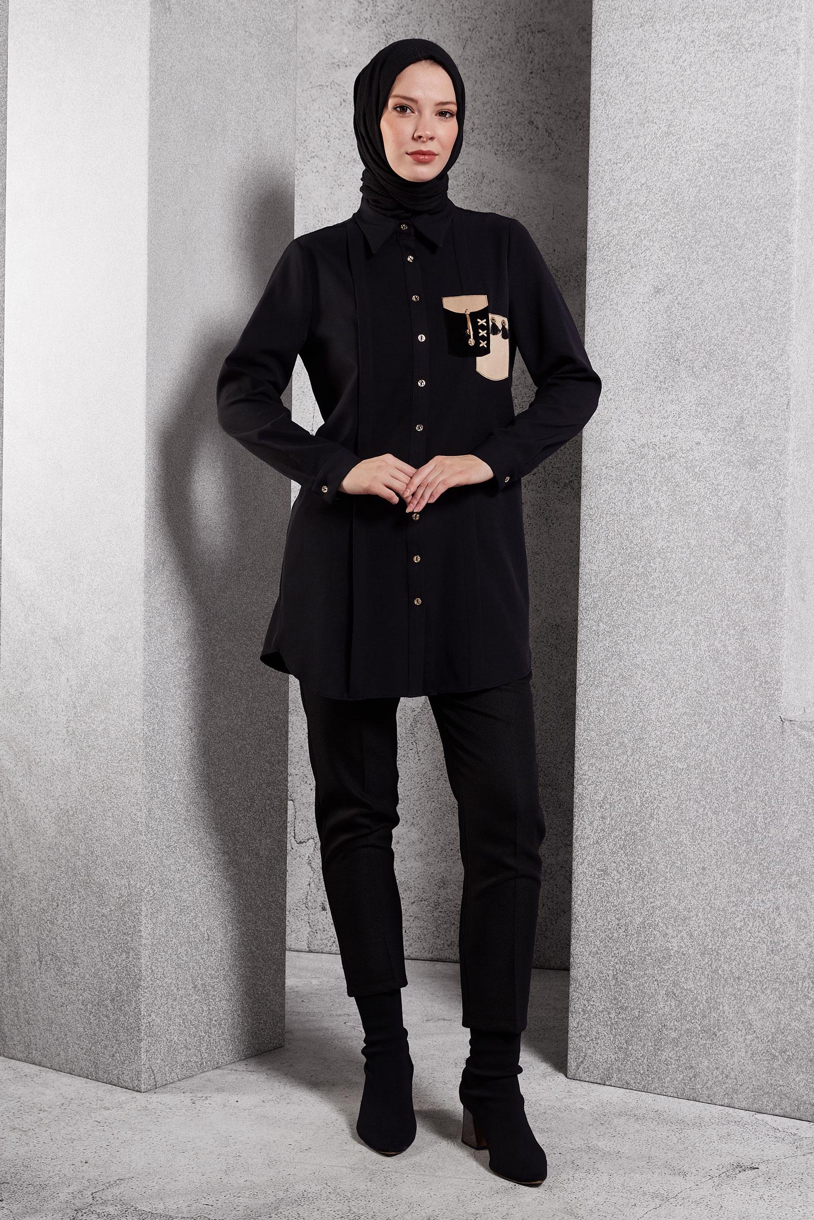 Tesettür giyim SİYAH TESETTÜR GÖMLEK TUNİK 45101
